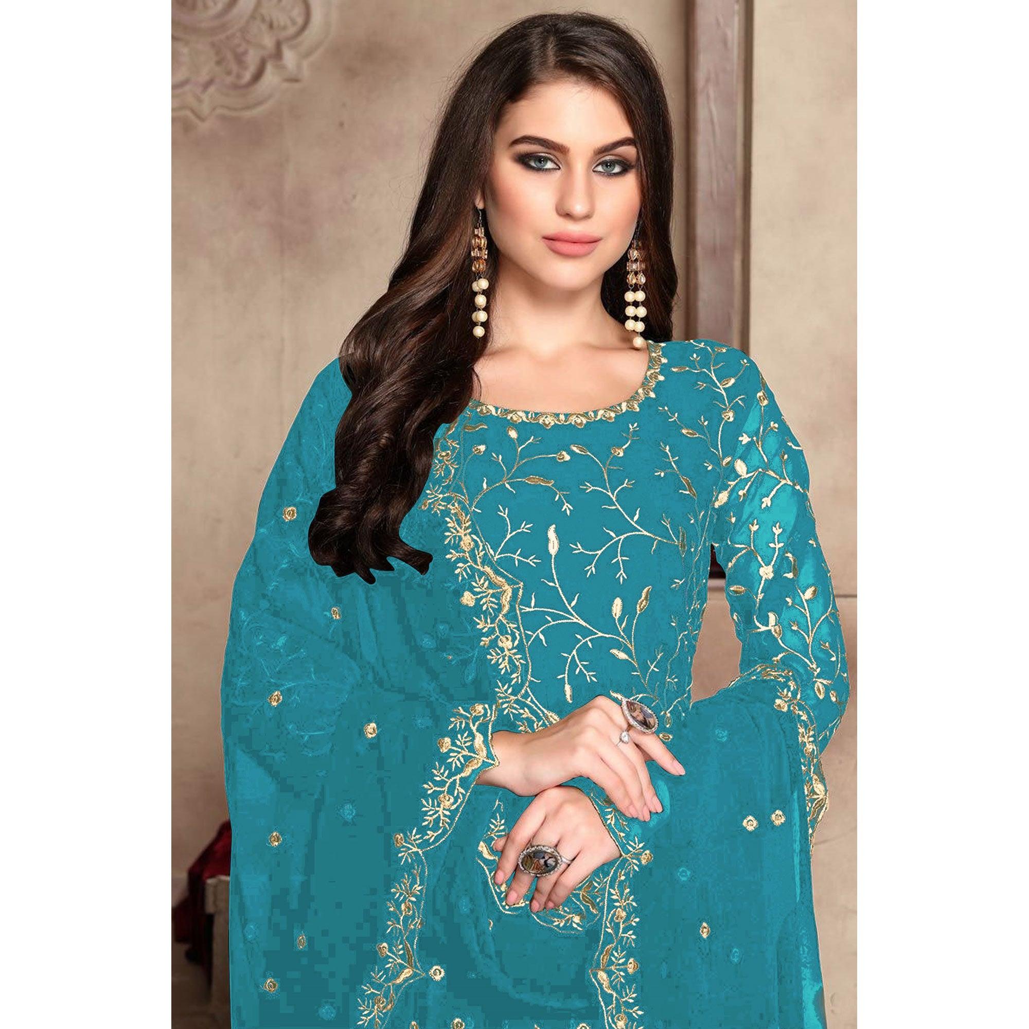 Blue Floral Embroidered Georgette Anarkali Suit - Peachmode