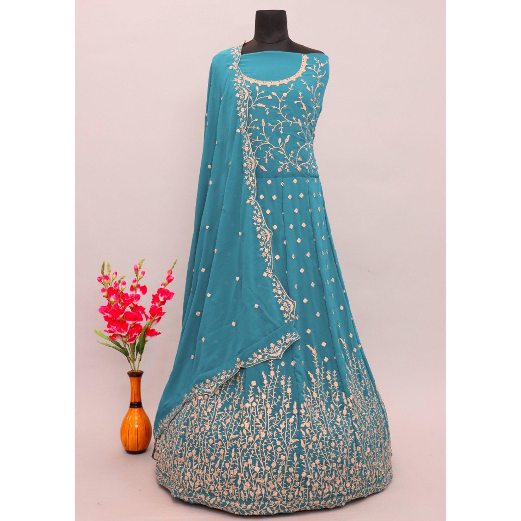 Blue Floral Embroidered Georgette Anarkali Suit - Peachmode