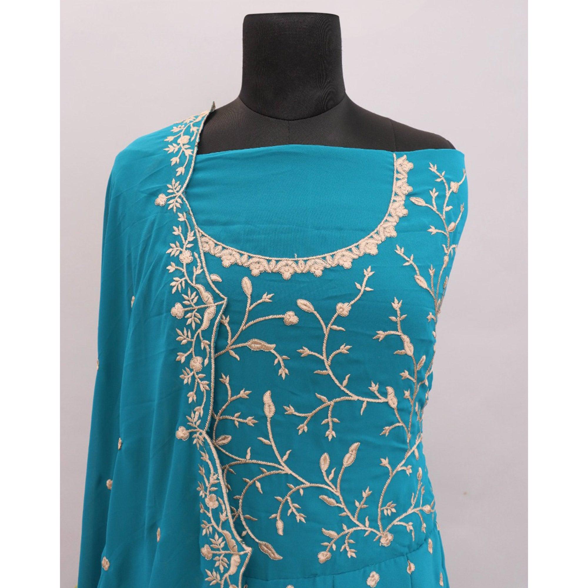 Blue Floral Embroidered Georgette Anarkali Suit - Peachmode