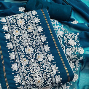 Blue Floral Embroidered Georgette Dress Material - Peachmode