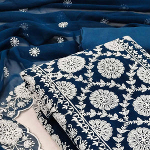 Blue Floral Embroidered Georgette Dress Material - Peachmode