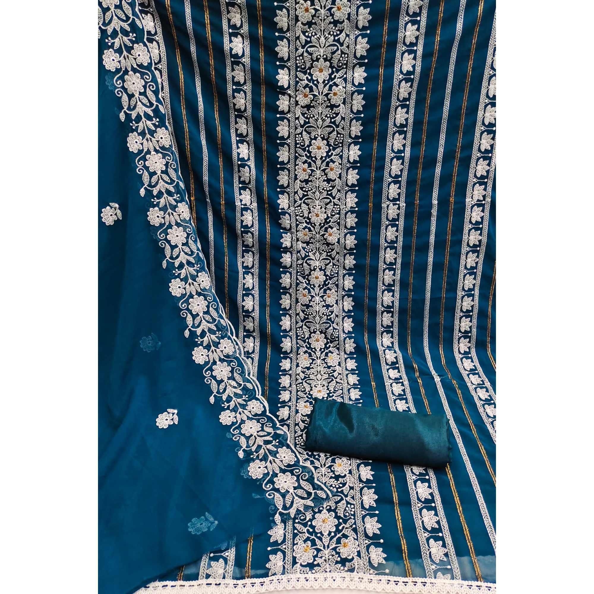 Blue Floral Embroidered Georgette Dress Material - Peachmode