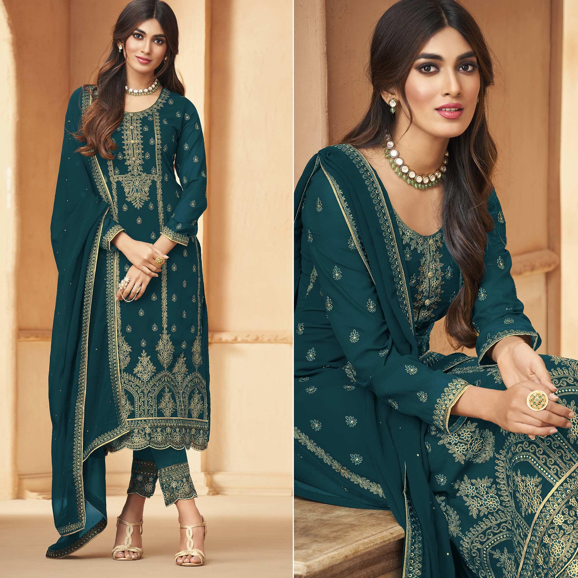 Blue Floral Embroidered Georgette Pakistani Suit - Peachmode