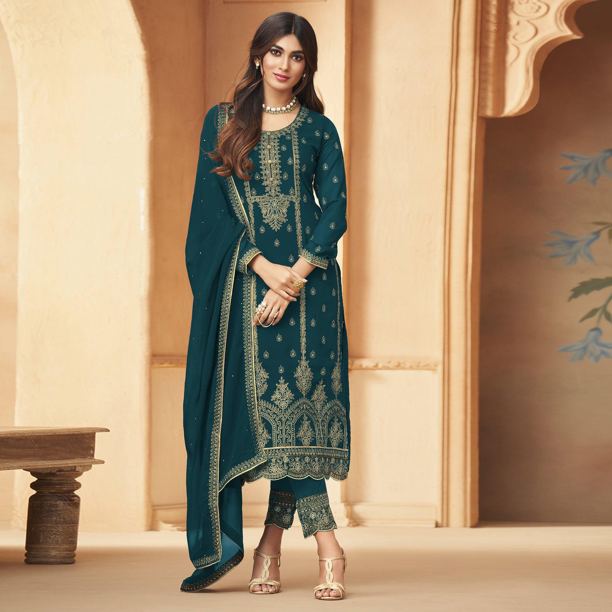 Blue Floral Embroidered Georgette Pakistani Suit - Peachmode