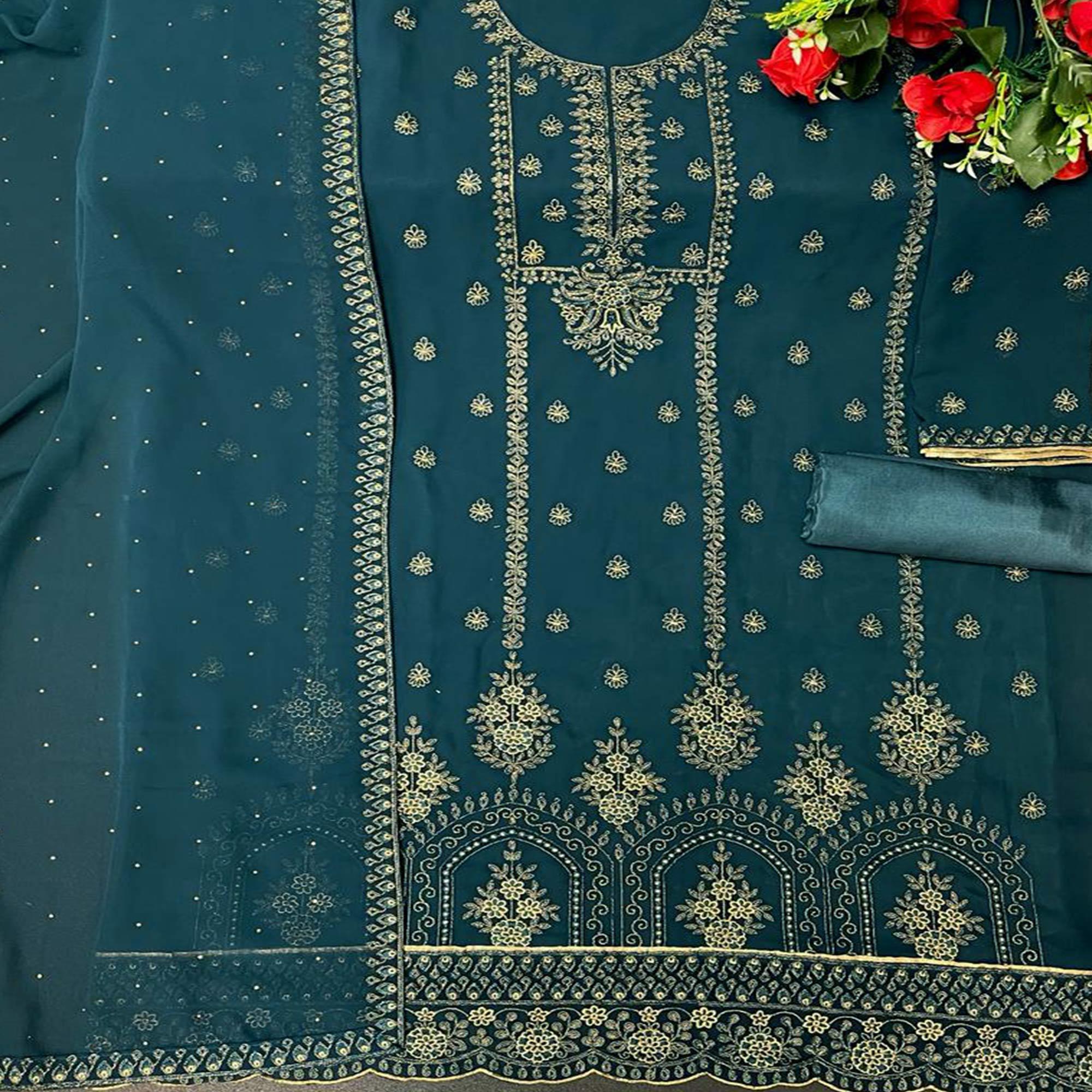 Blue Floral Embroidered Georgette Pakistani Suit - Peachmode