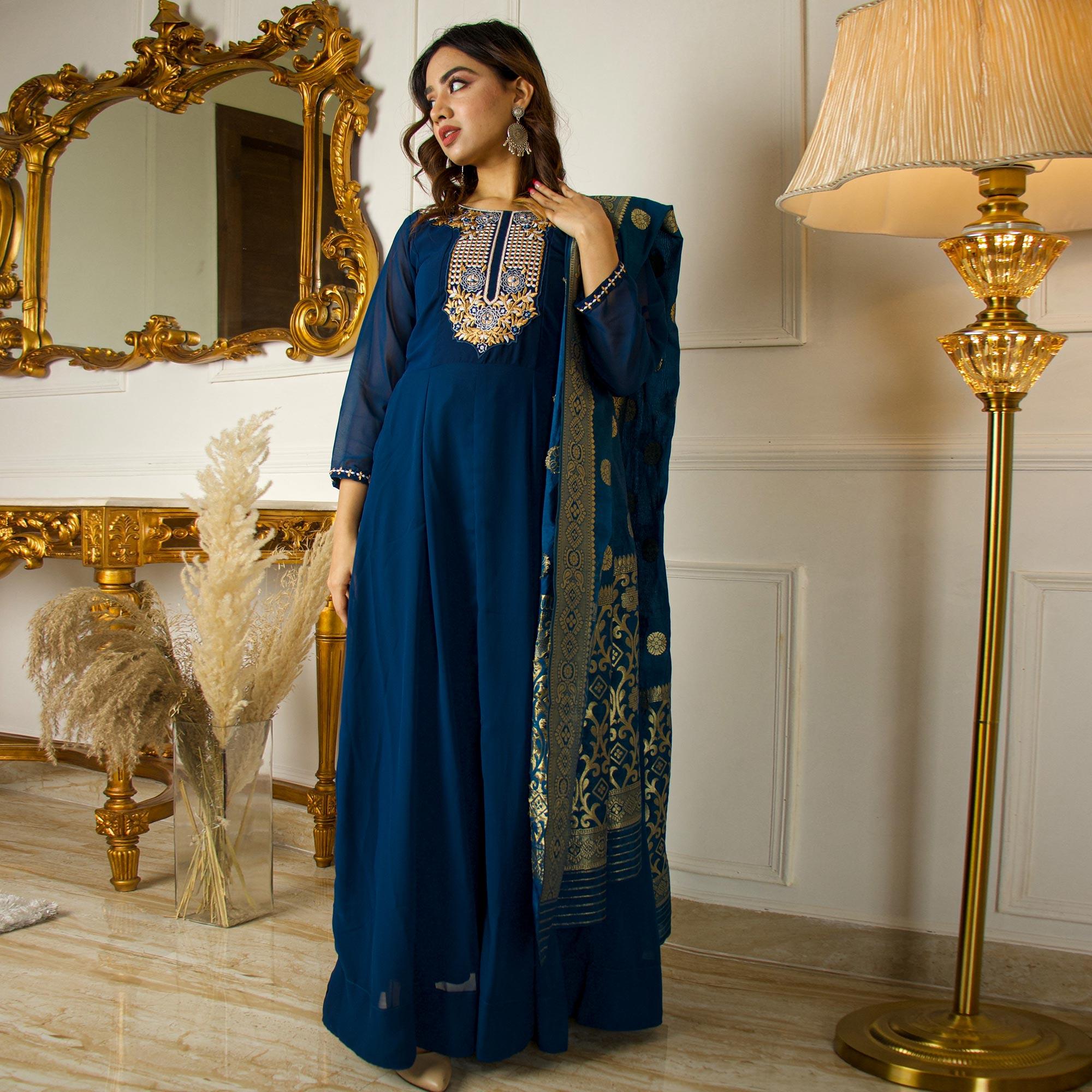 Blue Floral Embroidered Georgette Partywear Gown With Dupatta - Peachmode