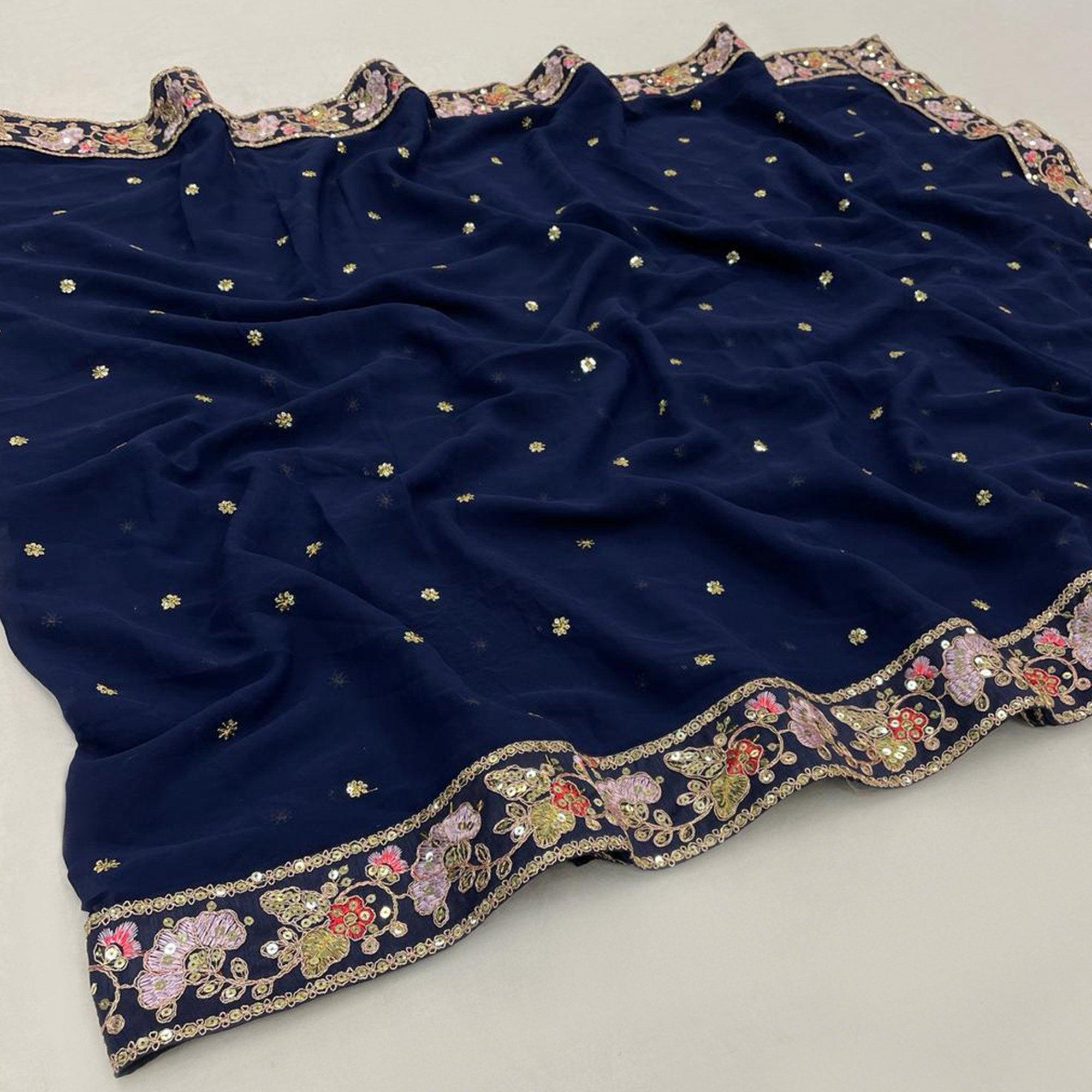 Blue Floral Embroidered Georgette Saree - Peachmode