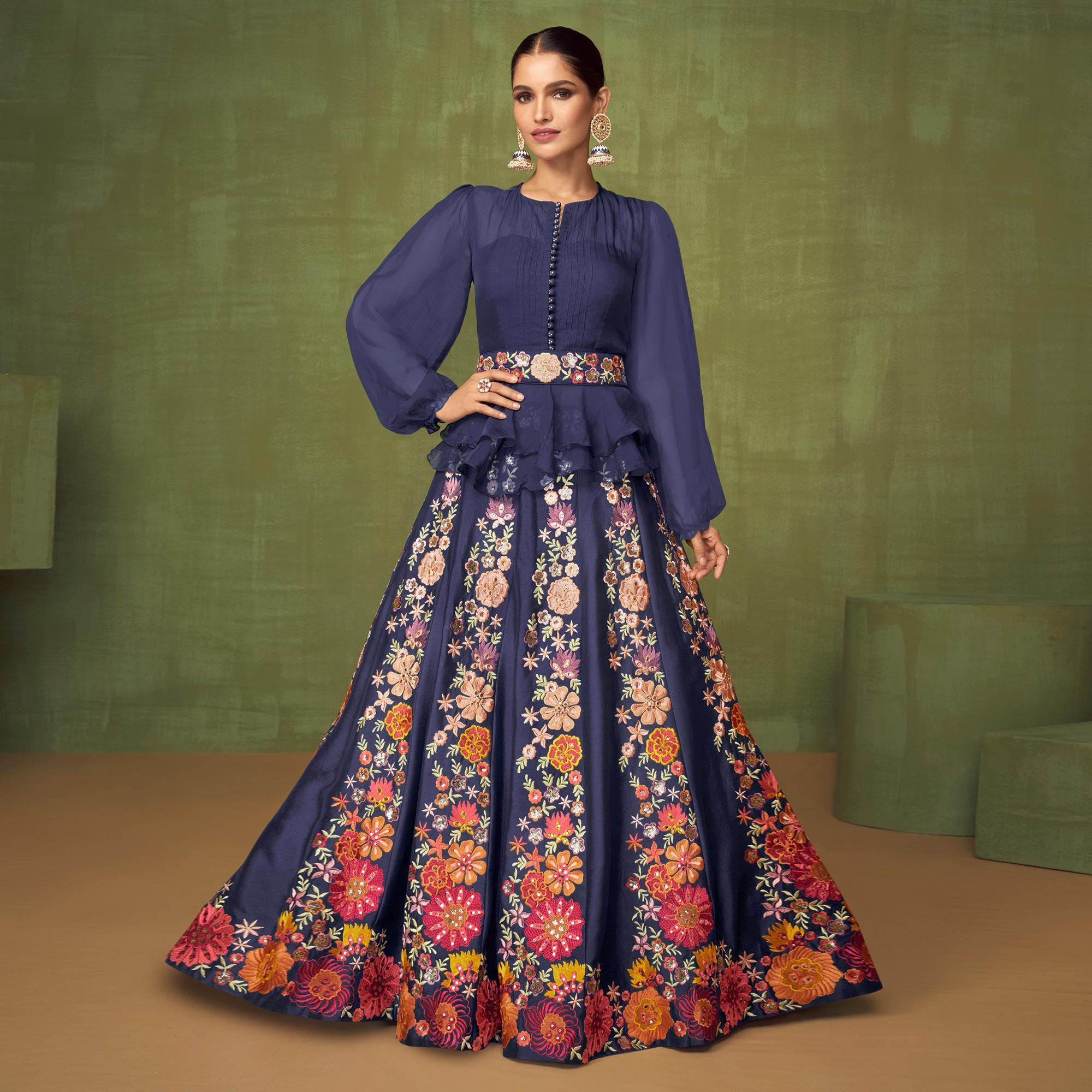 Blue Floral Embroidered Georgette Top-Skirt Set - Peachmode