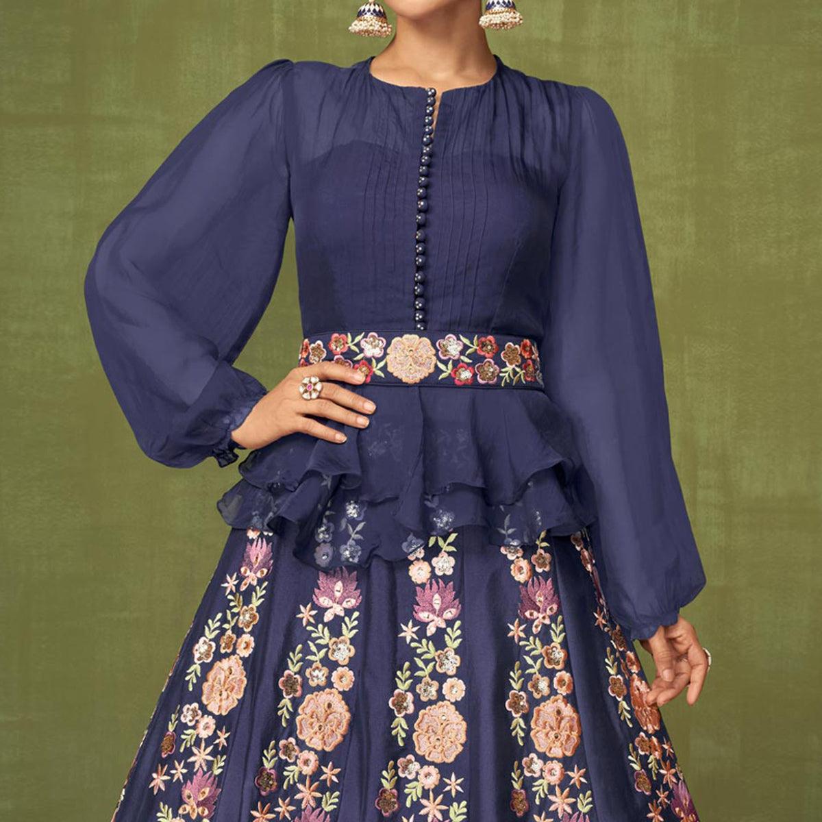 Blue Floral Embroidered Georgette Top-Skirt Set - Peachmode