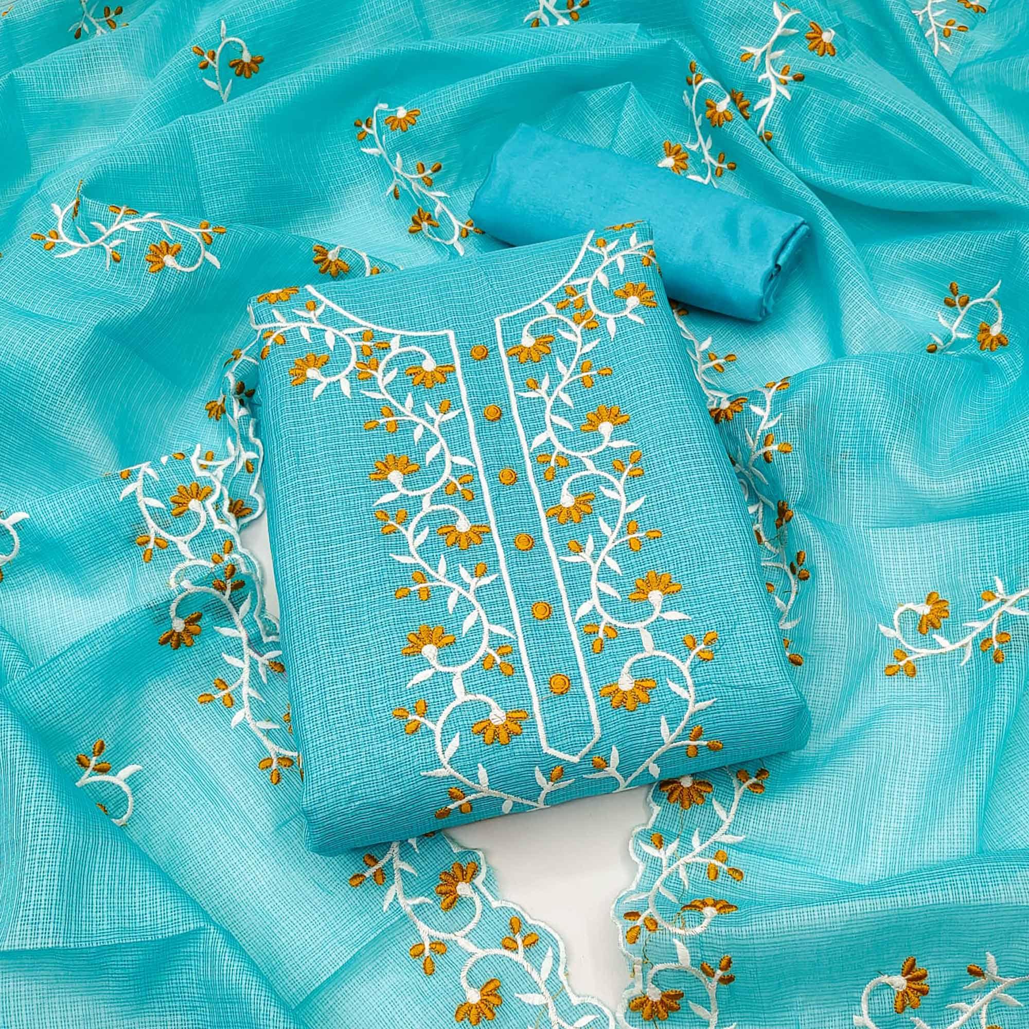 Blue Floral Embroidered Kota Doria Dress Material - Peachmode