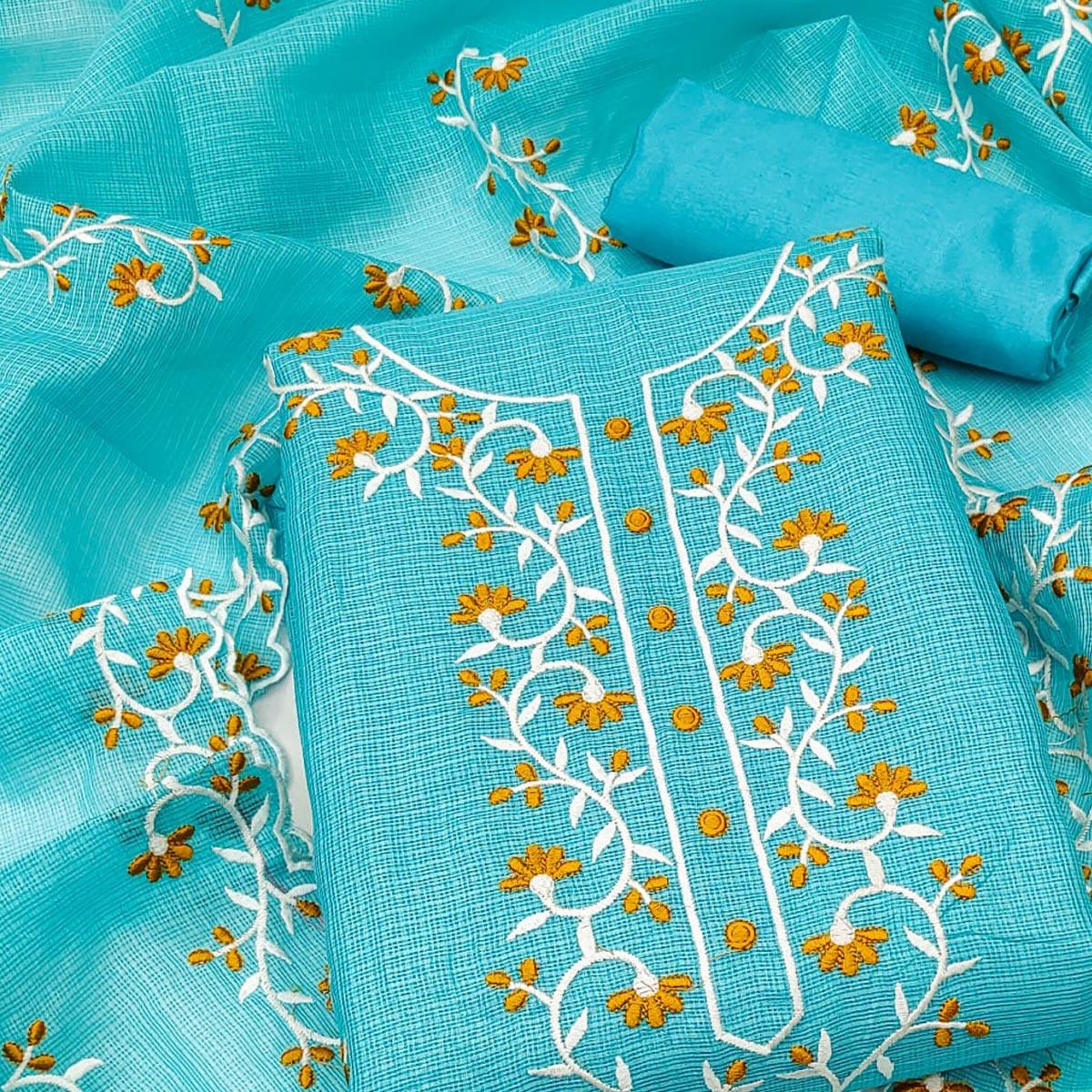Blue Floral Embroidered Kota Doria Dress Material - Peachmode