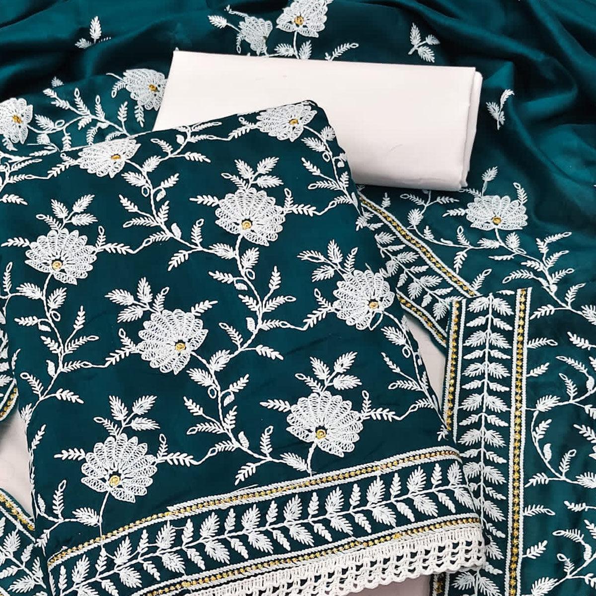 Blue Floral Embroidered Muslin Dress Material - Peachmode