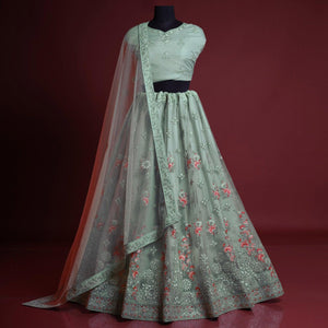 Blue Floral Embroidered Net Lehenga Choli - Peachmode