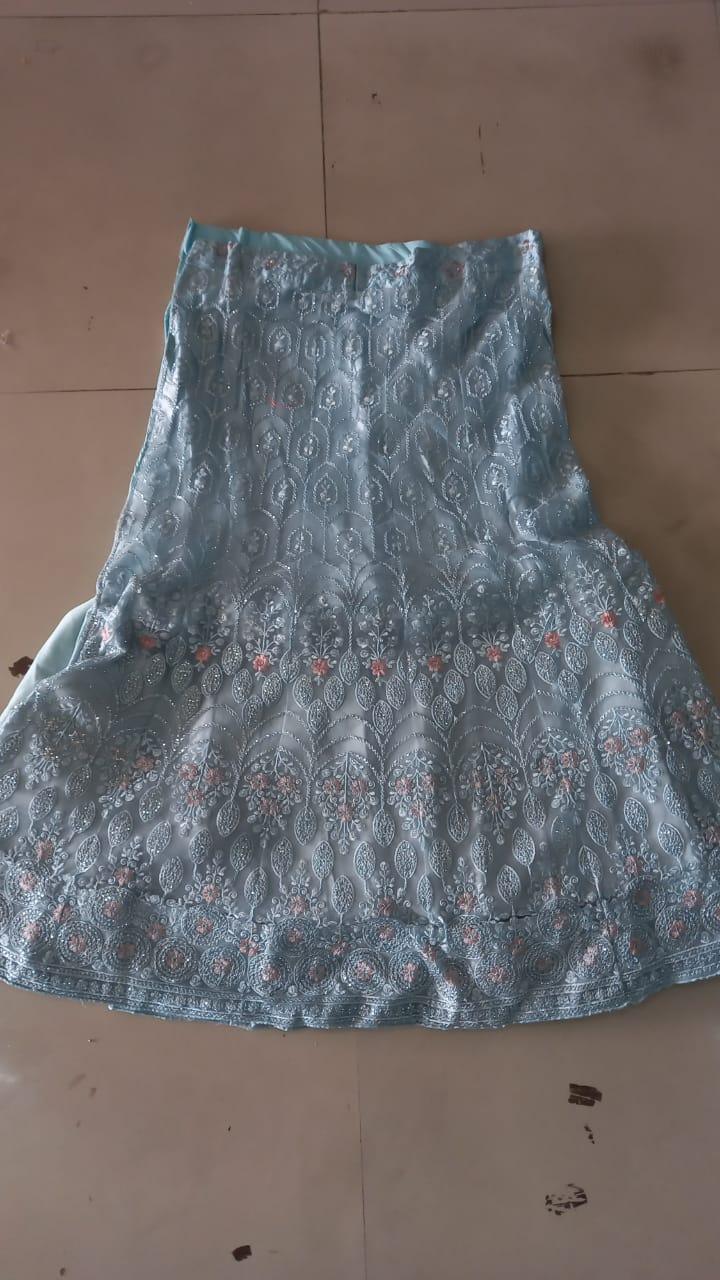 Blue Floral Embroidered Net Lehenga - Peachmode