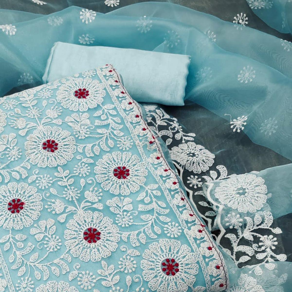 Blue Floral Embroidered Organza Dress Material - Peachmode