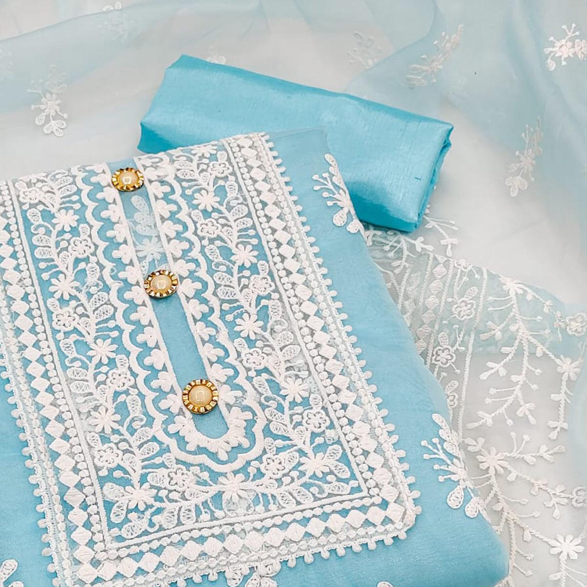 Blue Floral Embroidered Organza Dress Material - Peachmode