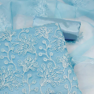 Blue Floral Embroidered Organza Dress Material - Peachmode