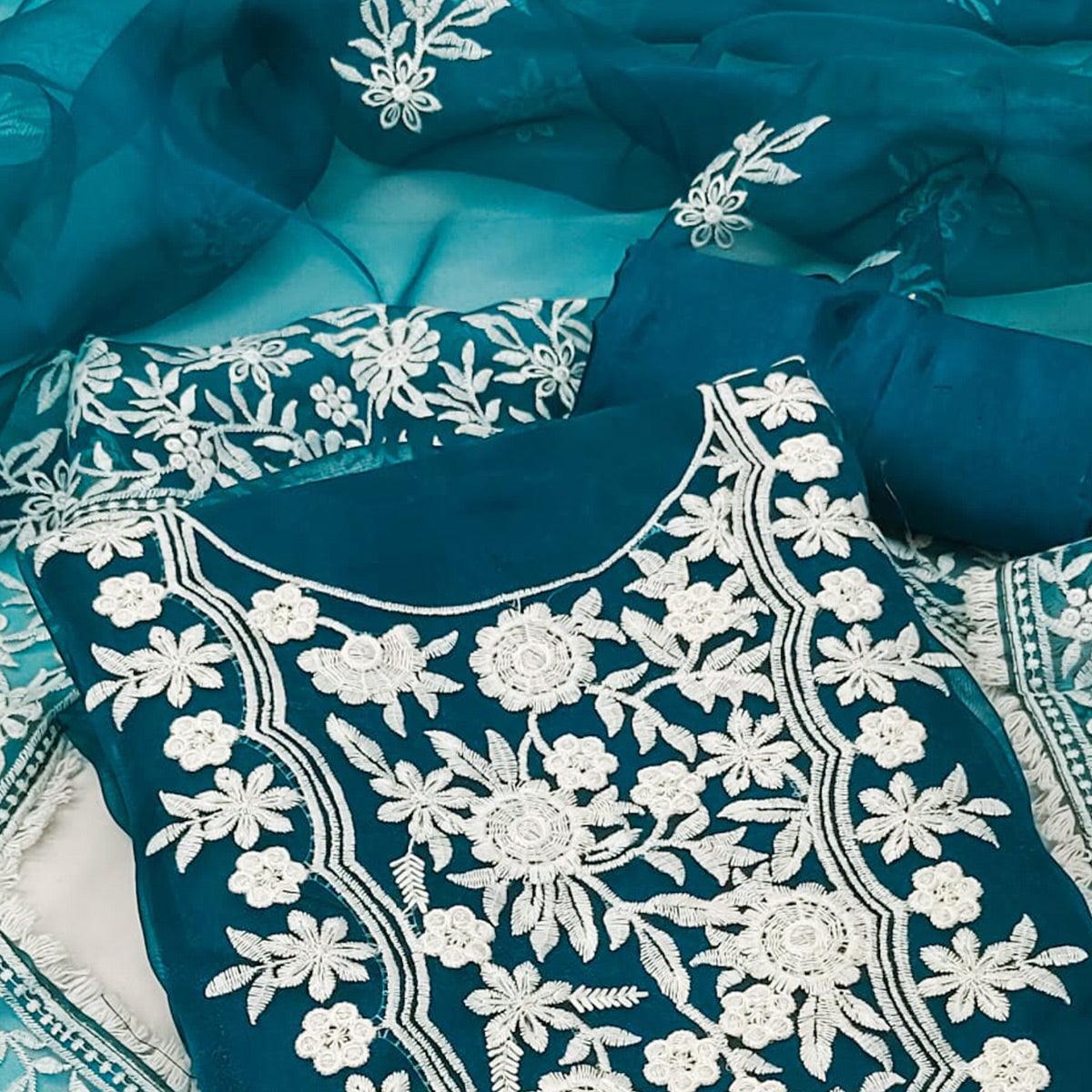 Blue Floral Embroidered Organza Dress Material - Peachmode