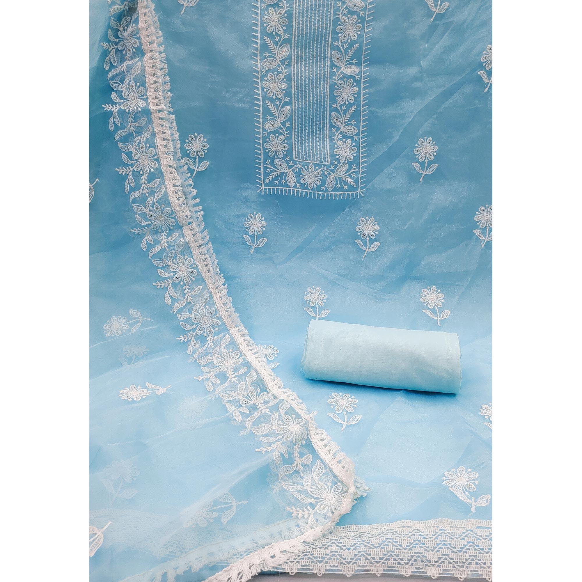 Blue Floral Embroidered Organza Dress Material - Peachmode