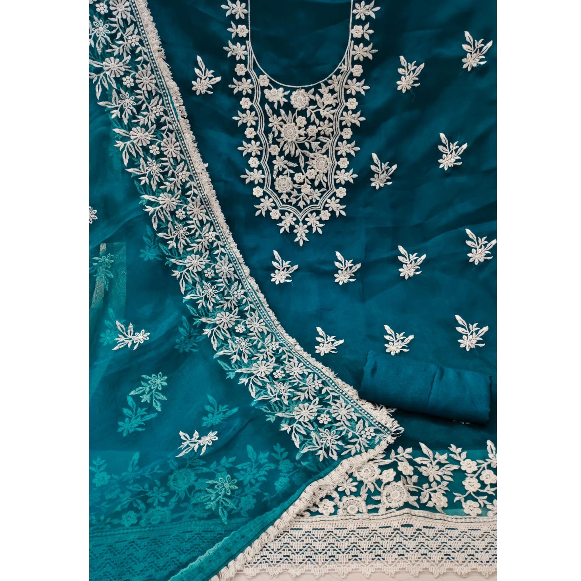 Blue Floral Embroidered Organza Dress Material - Peachmode