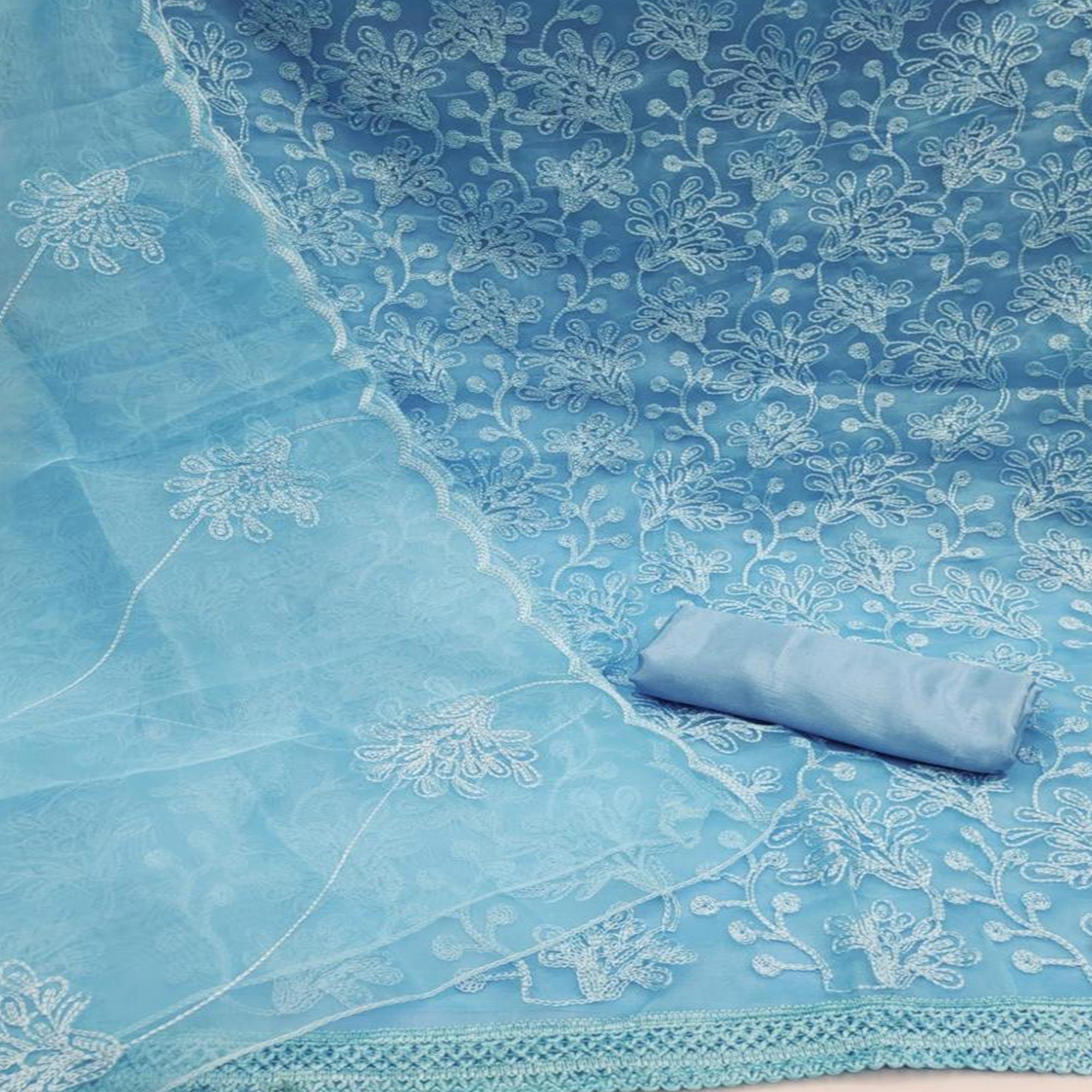 Blue Floral Embroidered Organza Dress Material - Peachmode