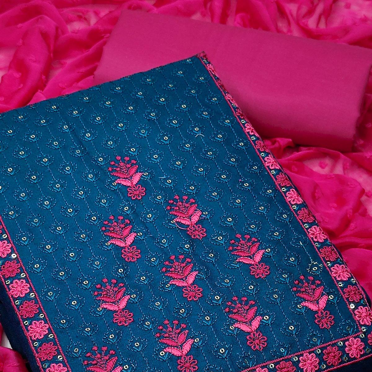 Blue Floral Embroidered Pure Cotton Dress Material - Peachmode
