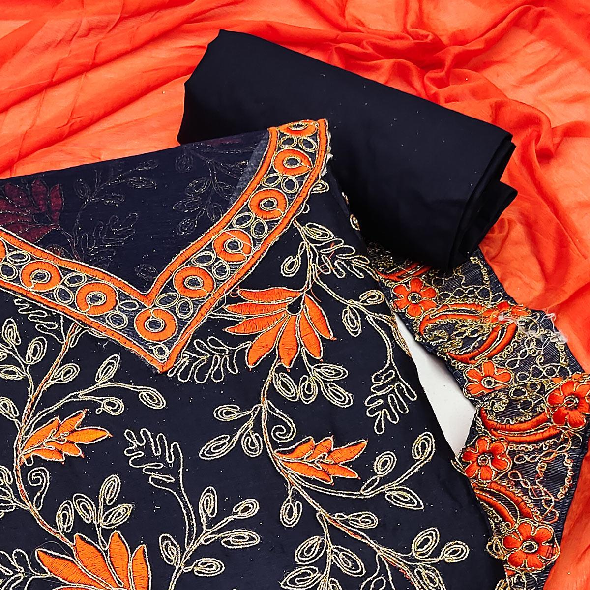 Blue Floral Embroidered Pure Cotton Dress Material - Peachmode