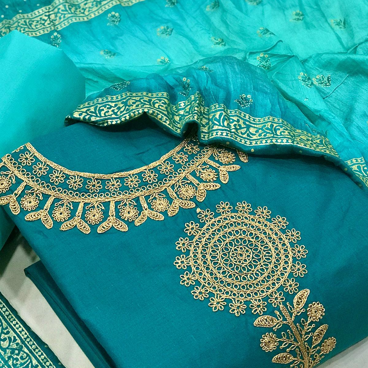 Blue Floral Embroidered Pure Cotton Dress Material - Peachmode
