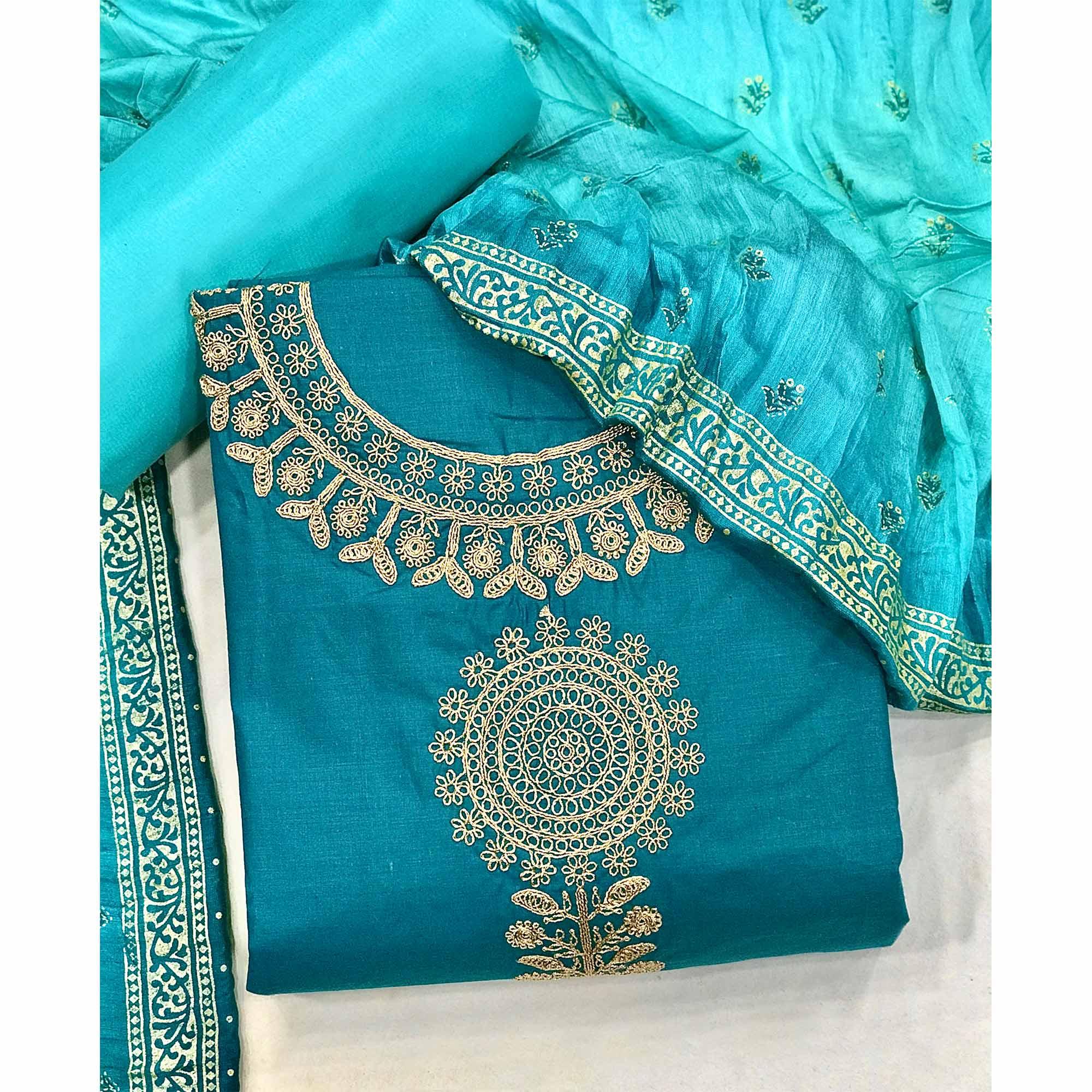 Blue Floral Embroidered Pure Cotton Dress Material - Peachmode