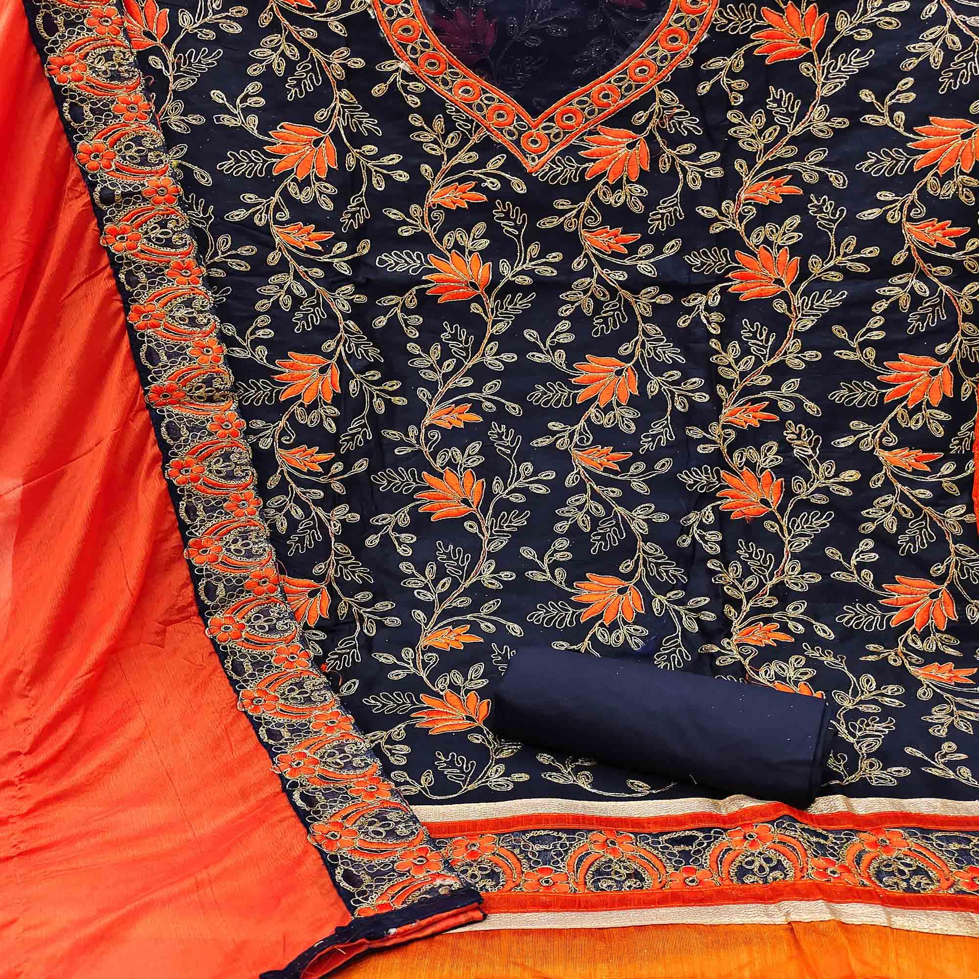 Blue Floral Embroidered Pure Cotton Dress Material - Peachmode