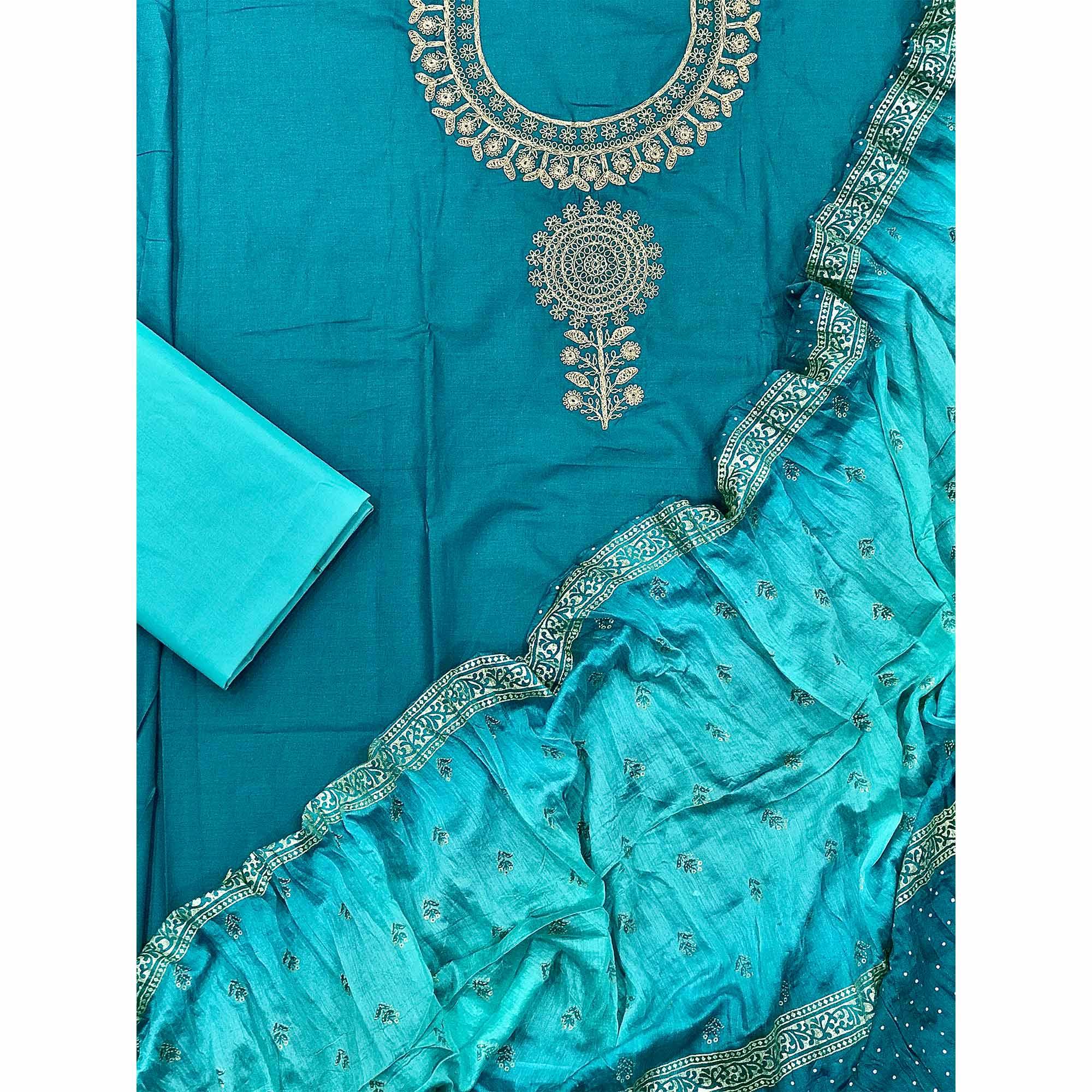 Blue Floral Embroidered Pure Cotton Dress Material - Peachmode