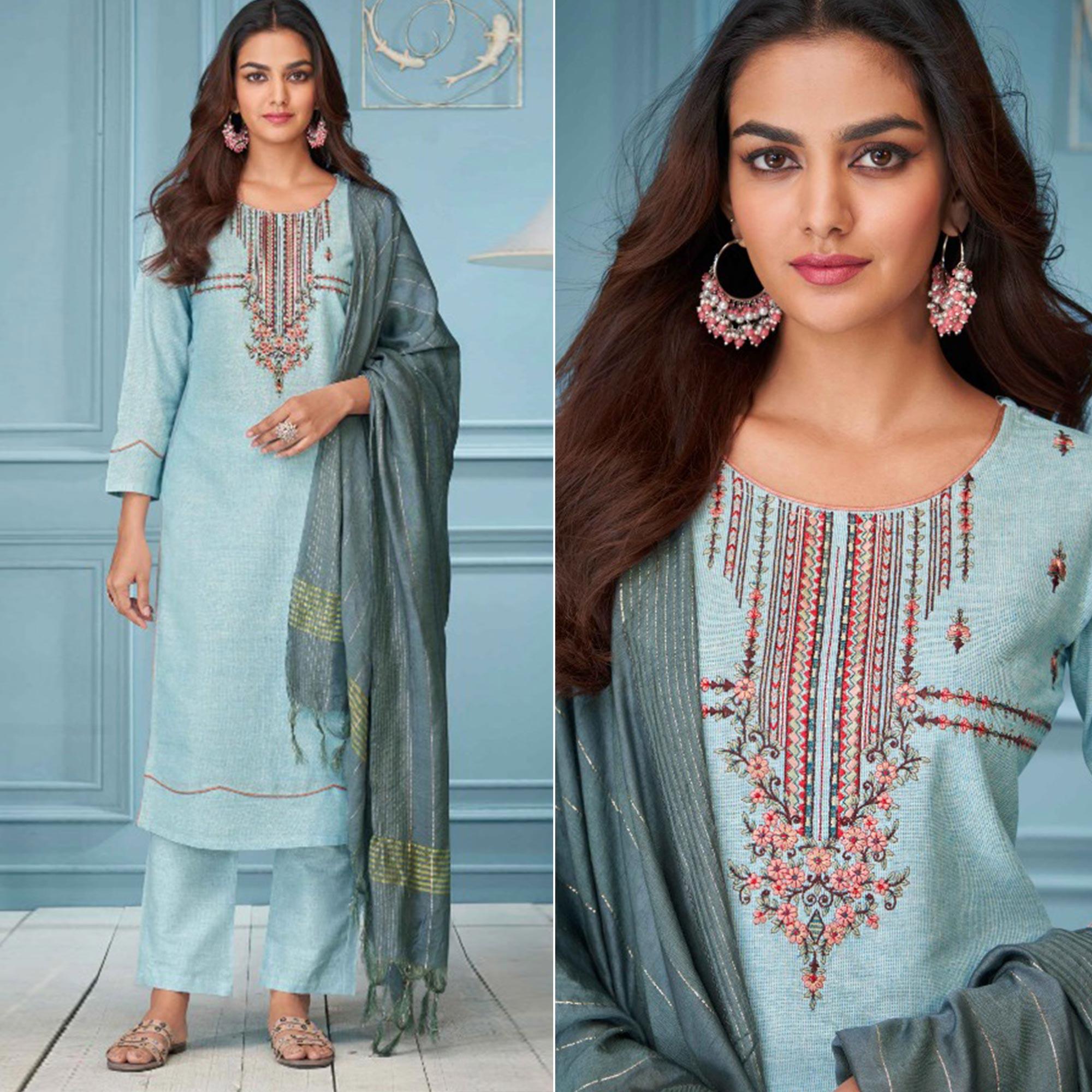 Blue Floral Embroidered Pure Cotton Kurti Pant Set With Dupatta - Peachmode