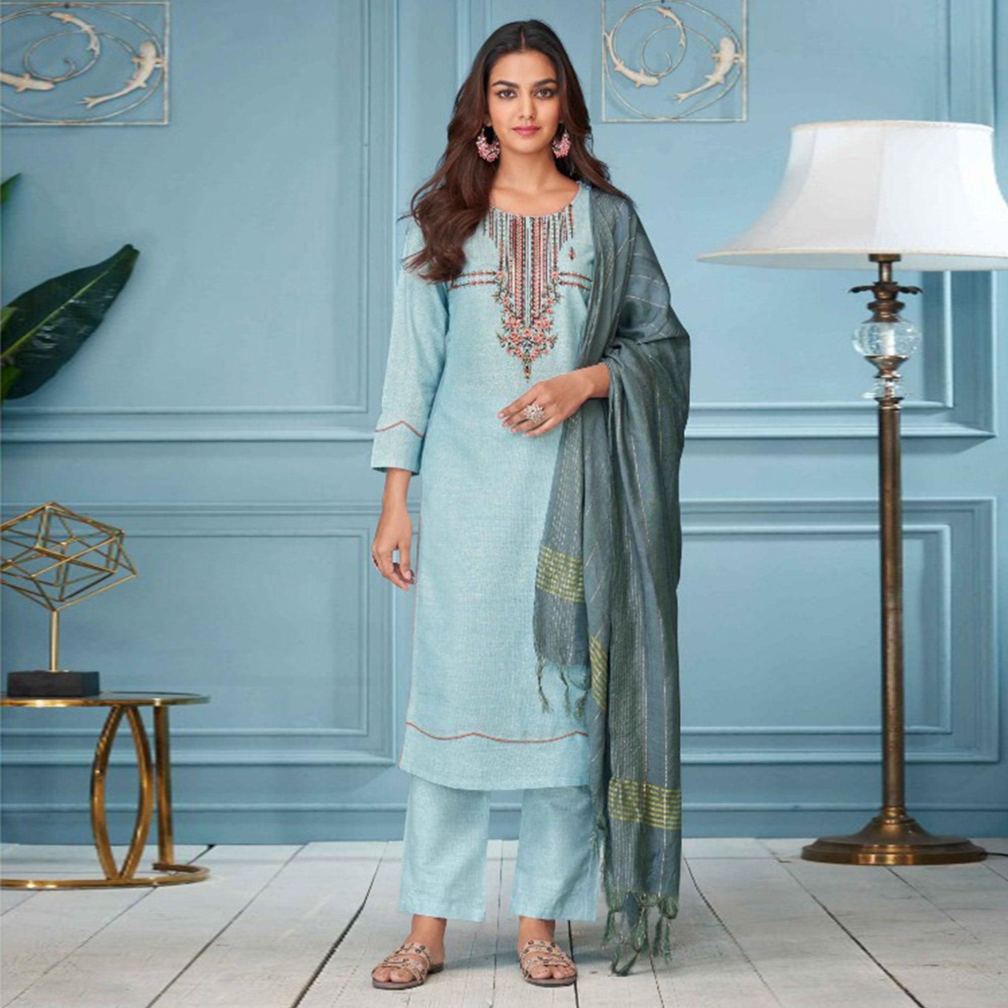 Blue Floral Embroidered Pure Cotton Kurti Pant Set With Dupatta - Peachmode