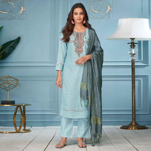 Blue Floral Embroidered Pure Cotton Kurti Pant Set With Dupatta - Peachmode