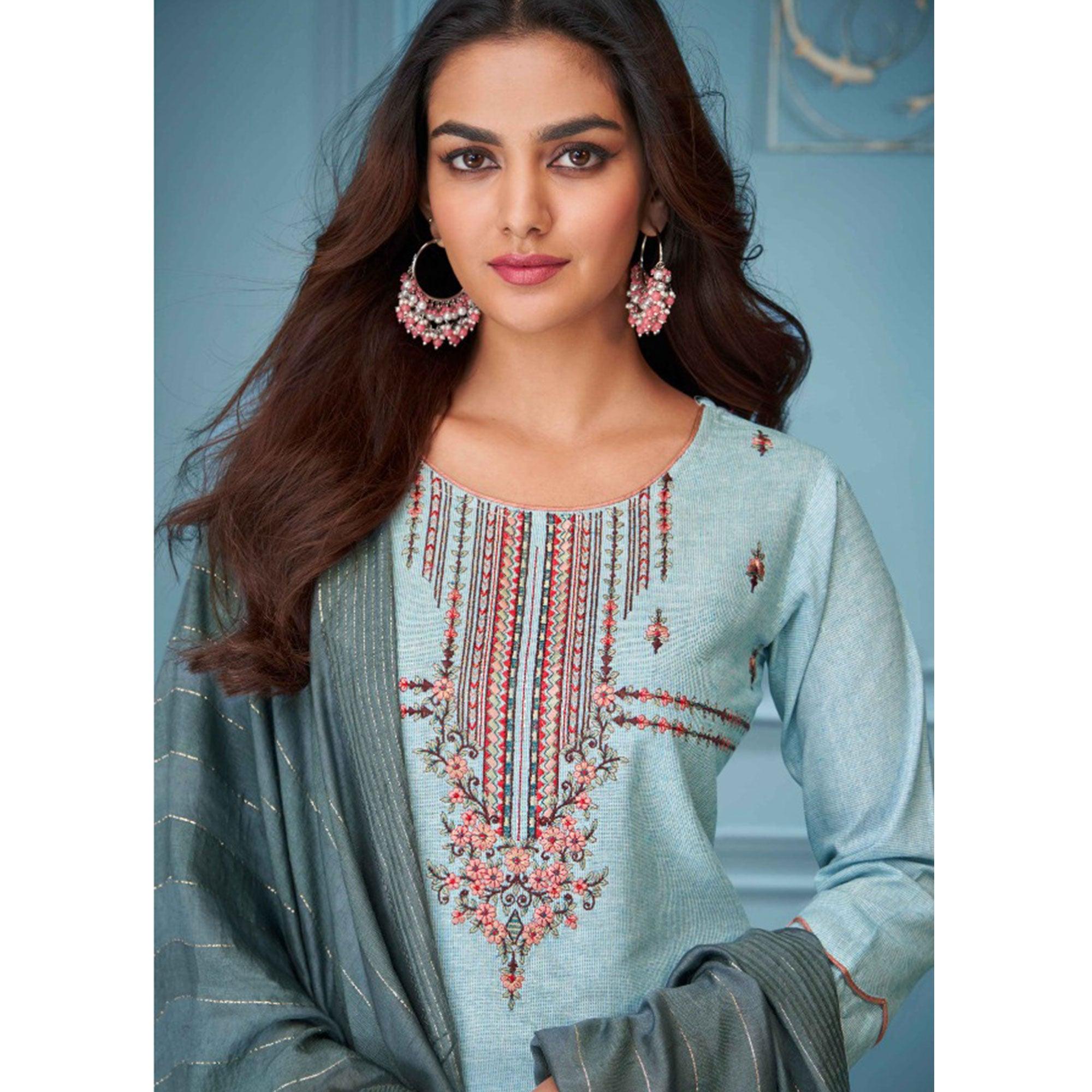 Blue Floral Embroidered Pure Cotton Kurti Pant Set With Dupatta - Peachmode