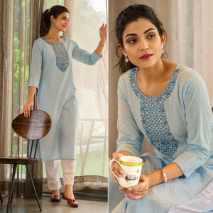 Blue Floral Embroidered Pure Cotton Kurti - Peachmode