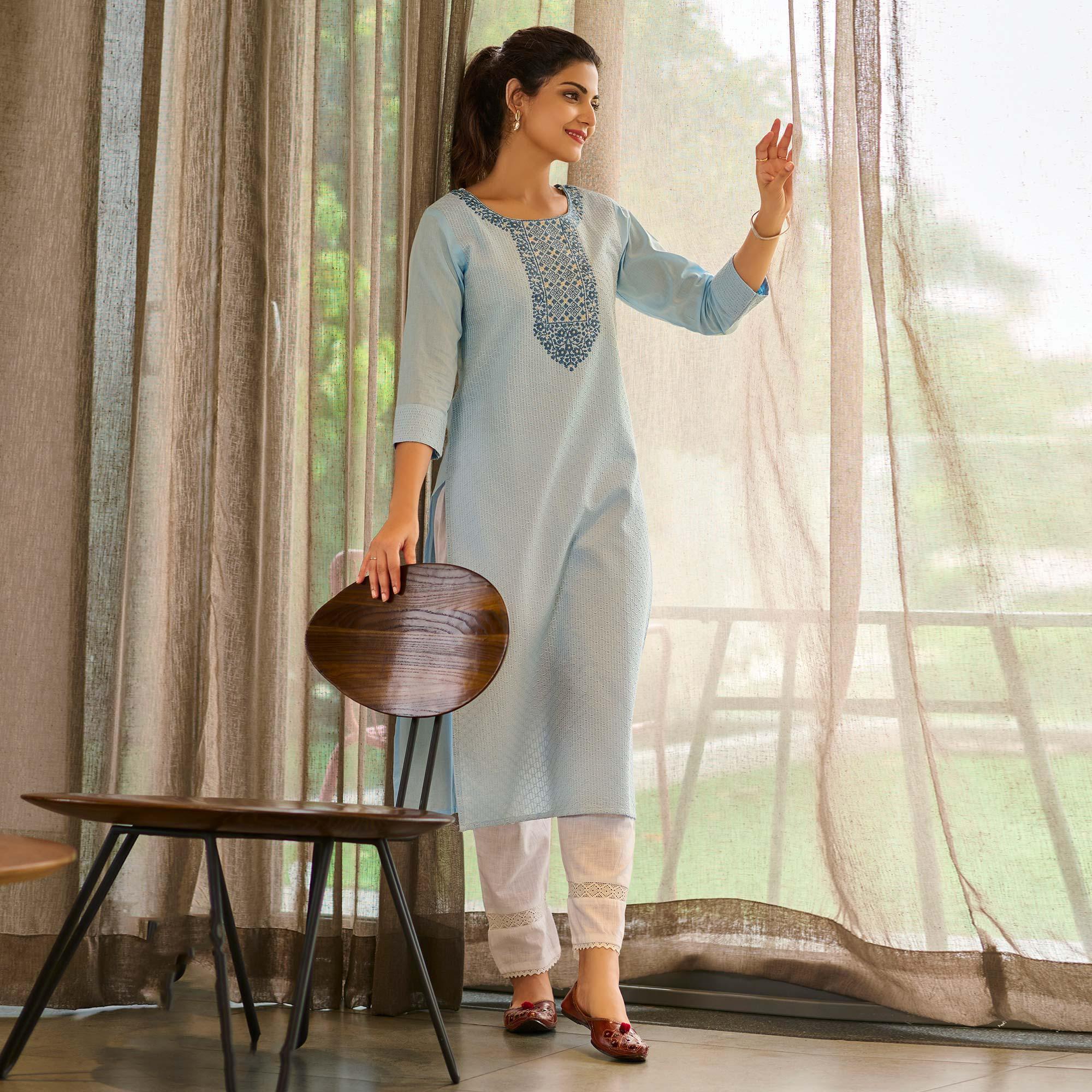 Blue Floral Embroidered Pure Cotton Kurti - Peachmode
