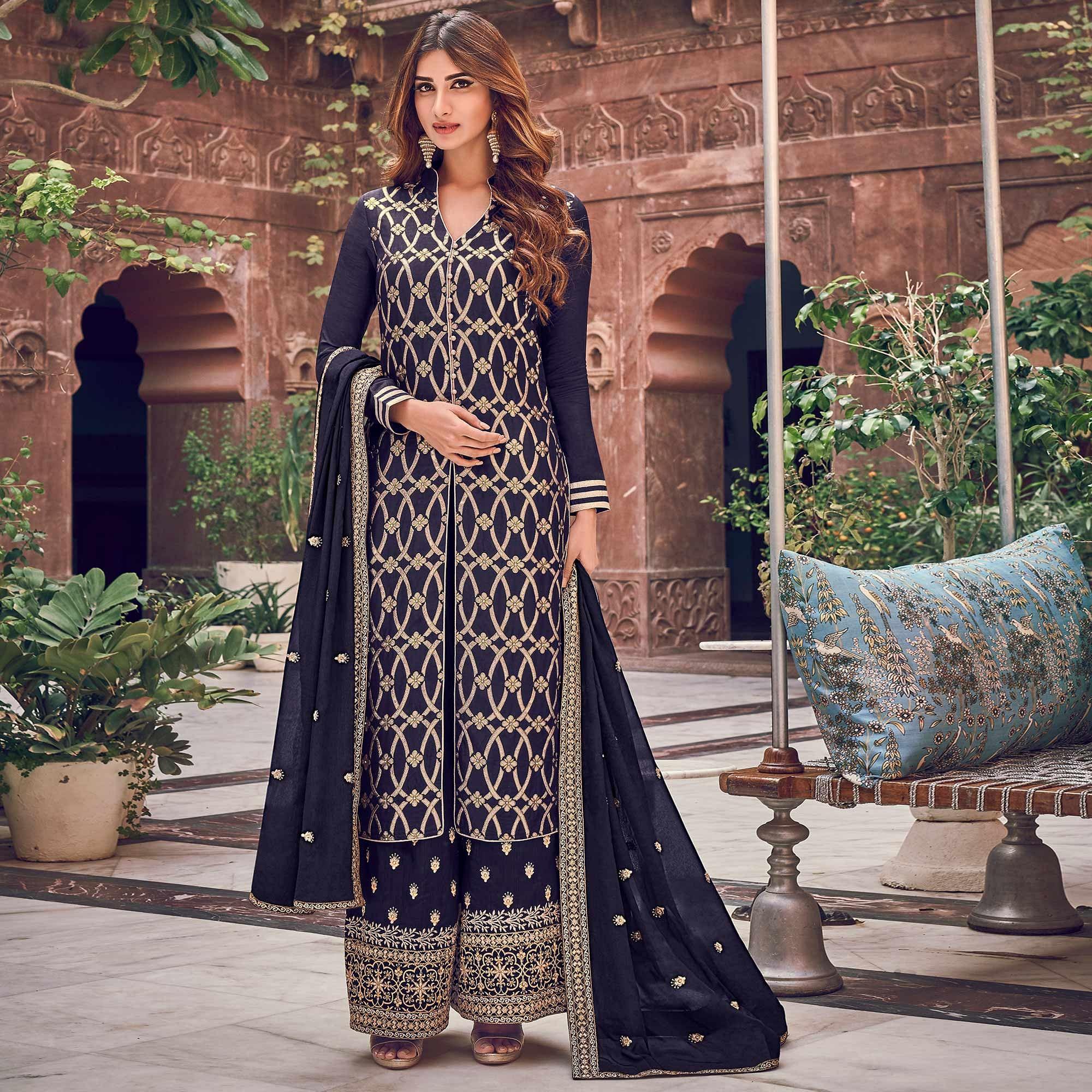 Blue Floral Embroidered Pure Dola Jacquard Partywear Suit - Peachmode
