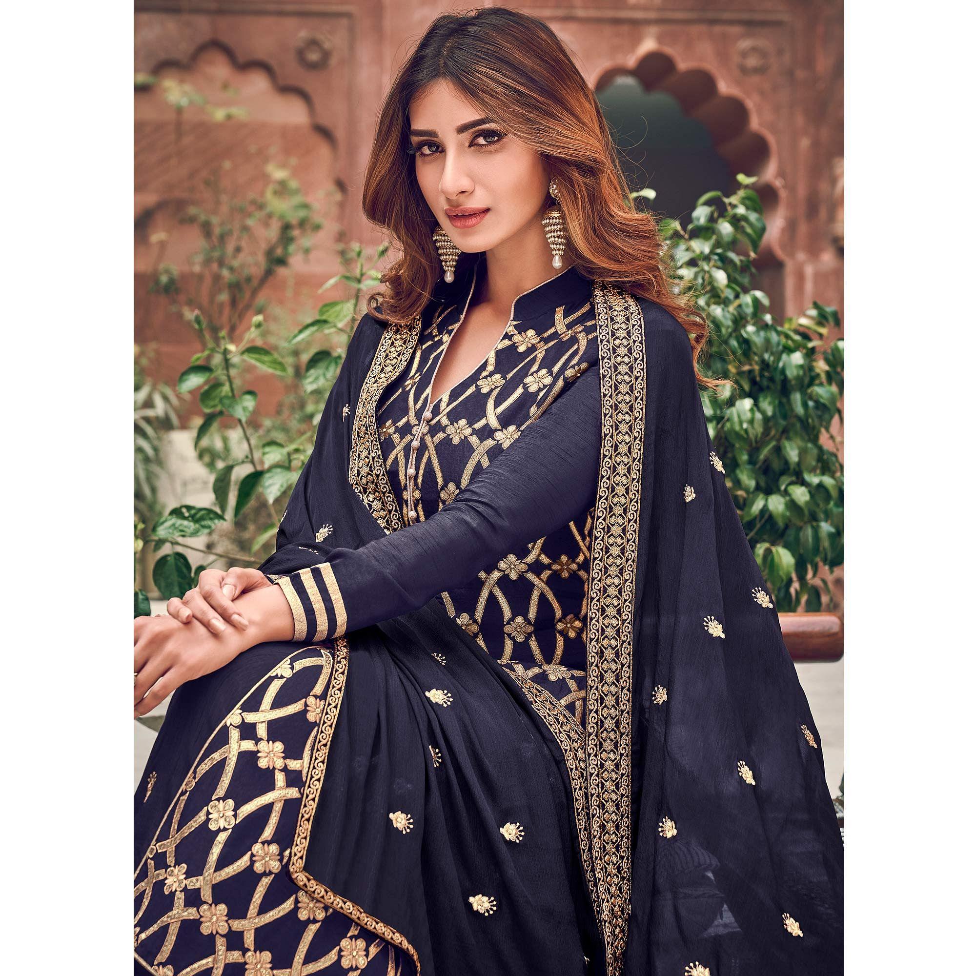 Blue Floral Embroidered Pure Dola Jacquard Partywear Suit - Peachmode