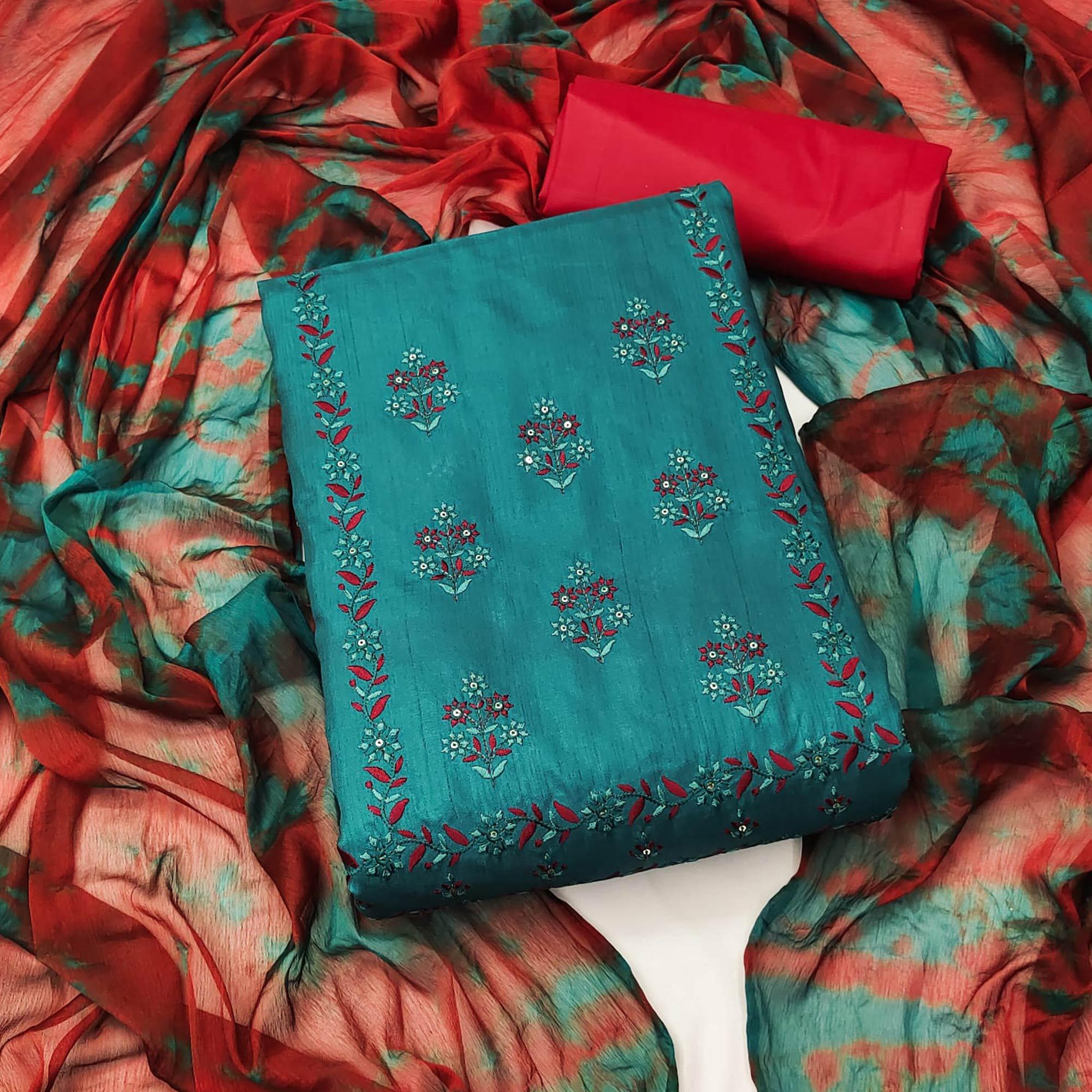 Blue Floral Embroidered Pure Silk Dress Material - Peachmode
