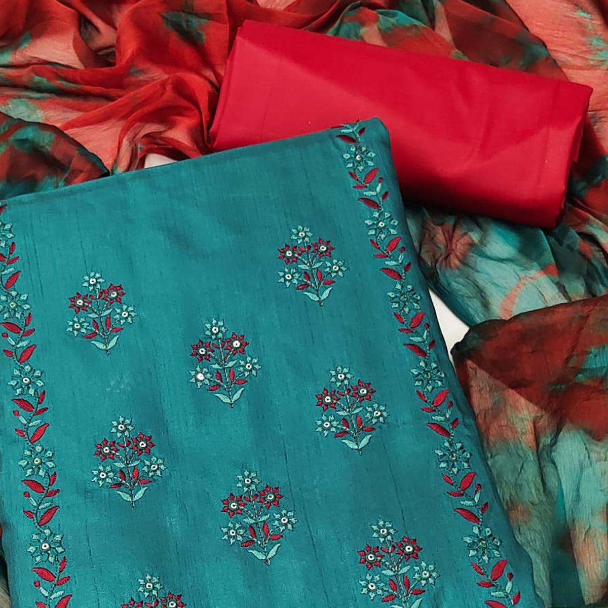 Blue Floral Embroidered Pure Silk Dress Material - Peachmode