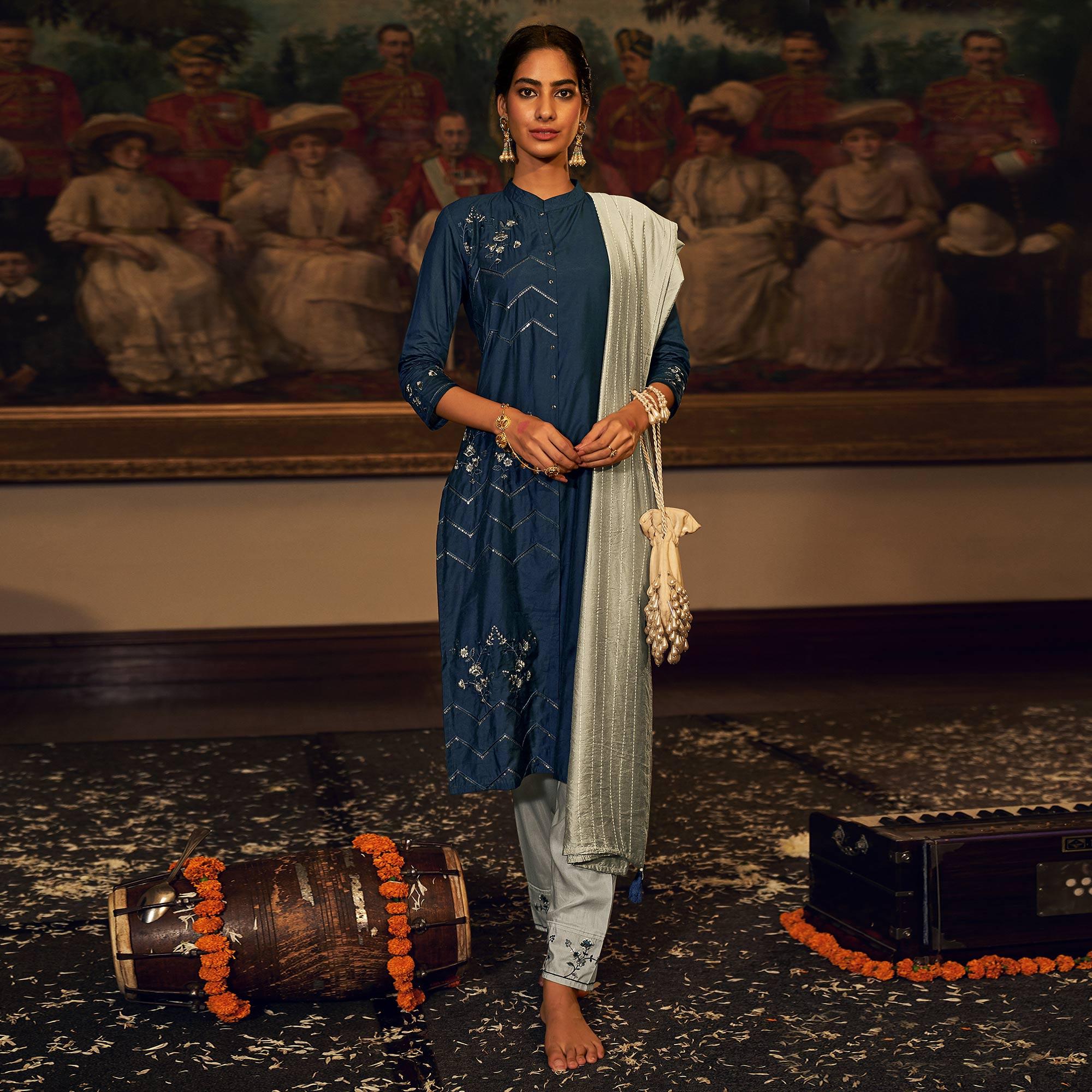 Blue Floral Embroidered Pure Viscose Silk Partywear Suit - Peachmode