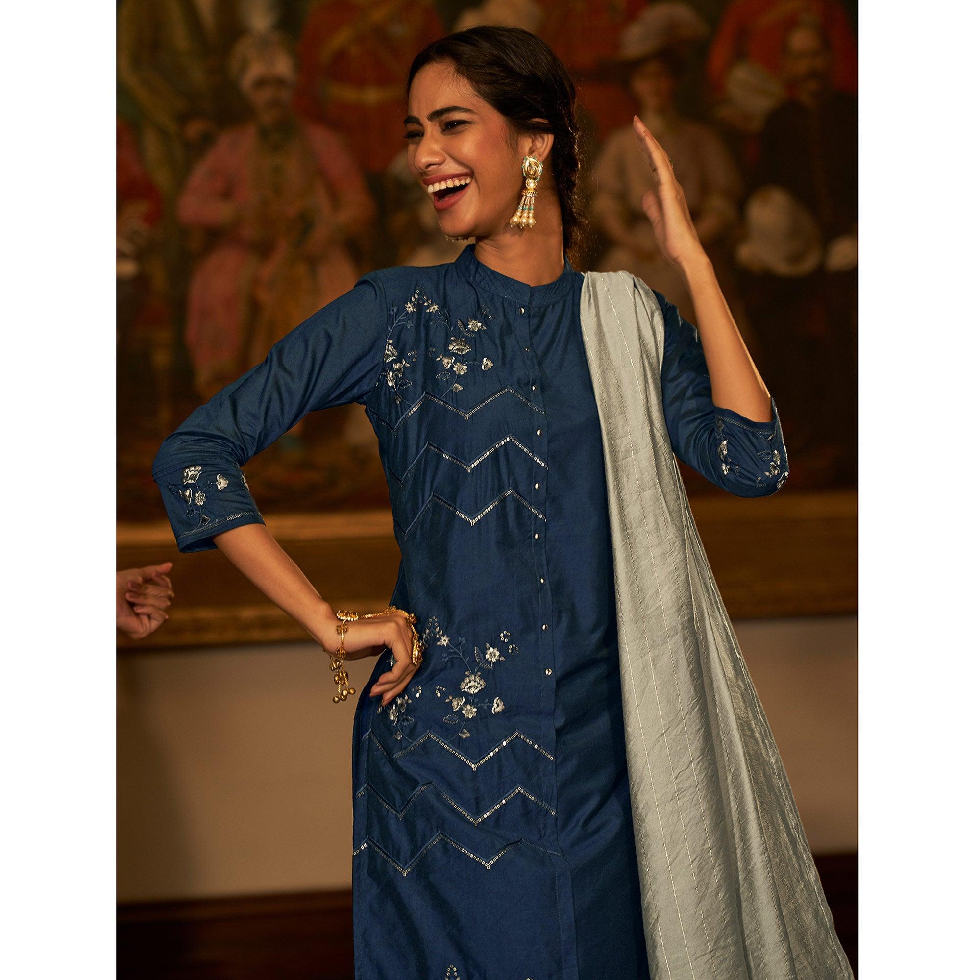 Blue Floral Embroidered Pure Viscose Silk Partywear Suit - Peachmode