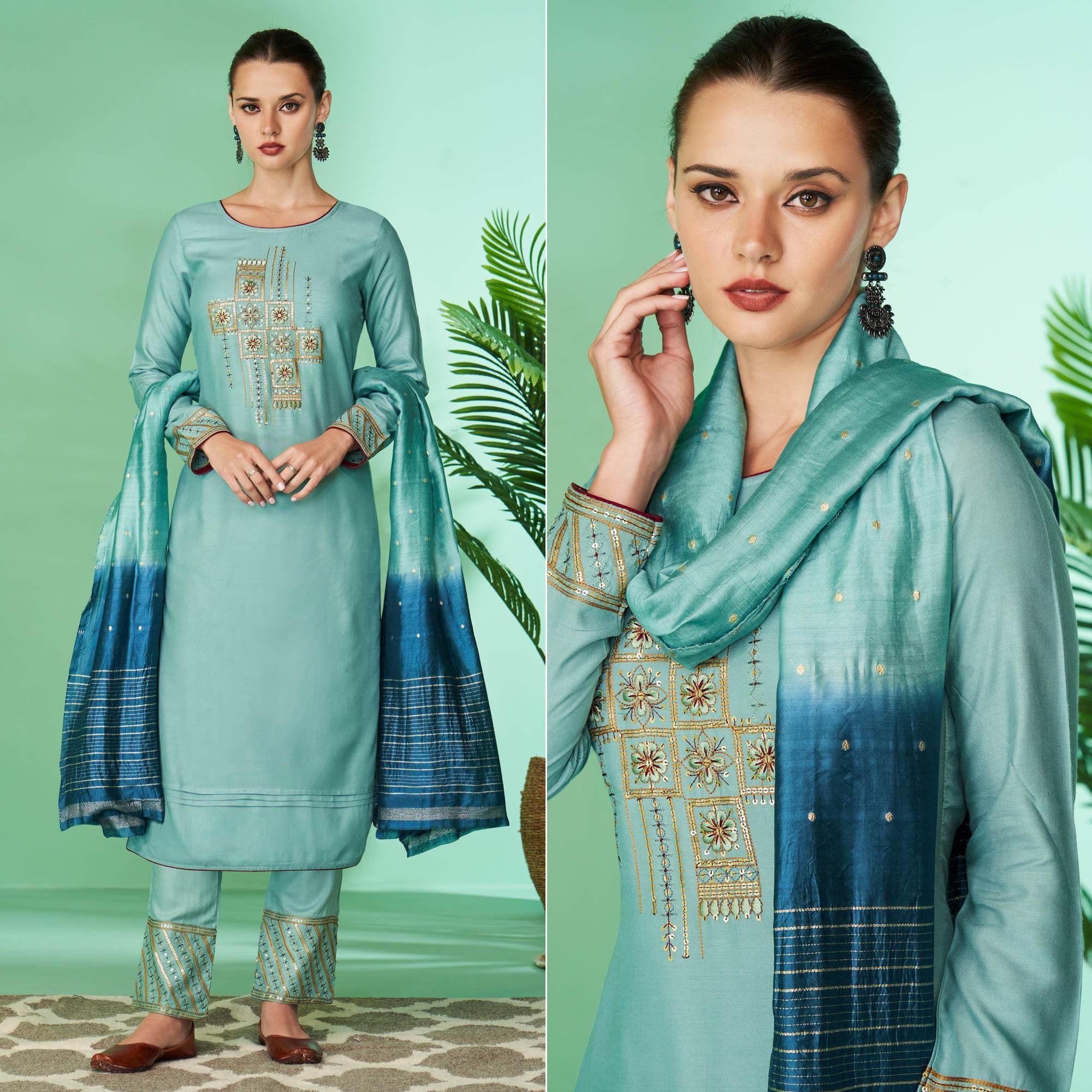 Blue Floral Embroidered Rayon Kurti Pant Set - Peachmode