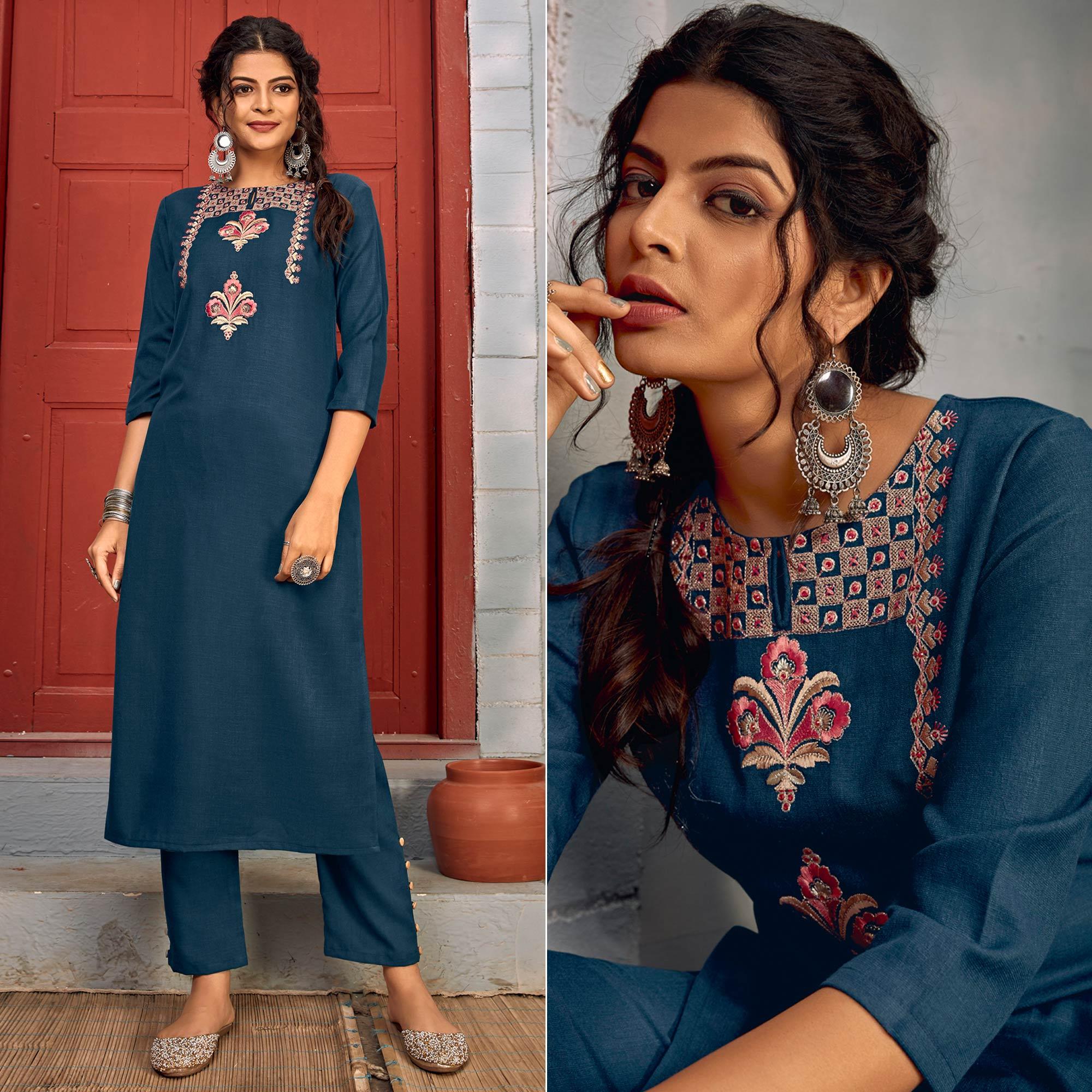 Blue Floral Embroidered Rayon Kurti Pant Set - Peachmode