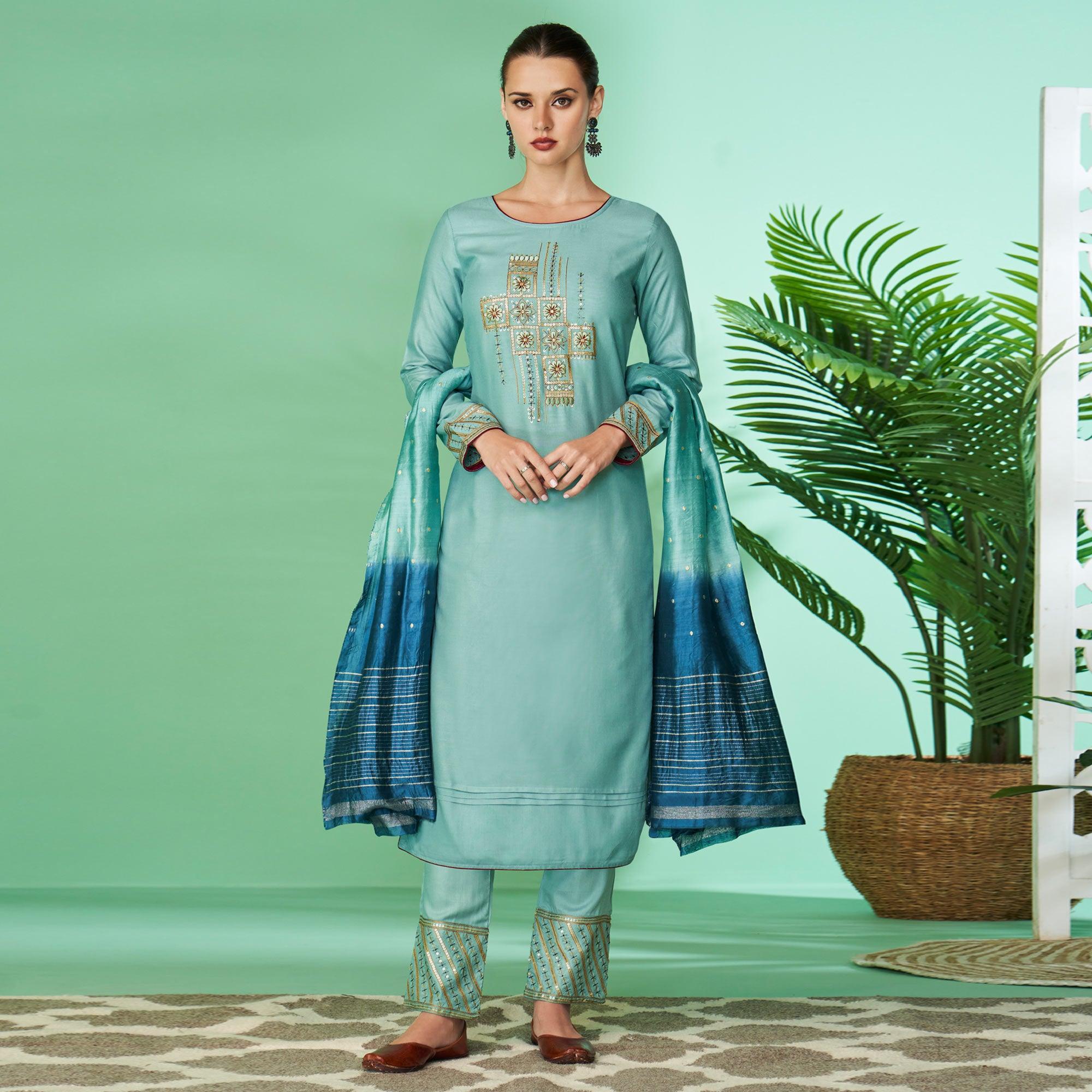 Blue Floral Embroidered Rayon Kurti Pant Set - Peachmode