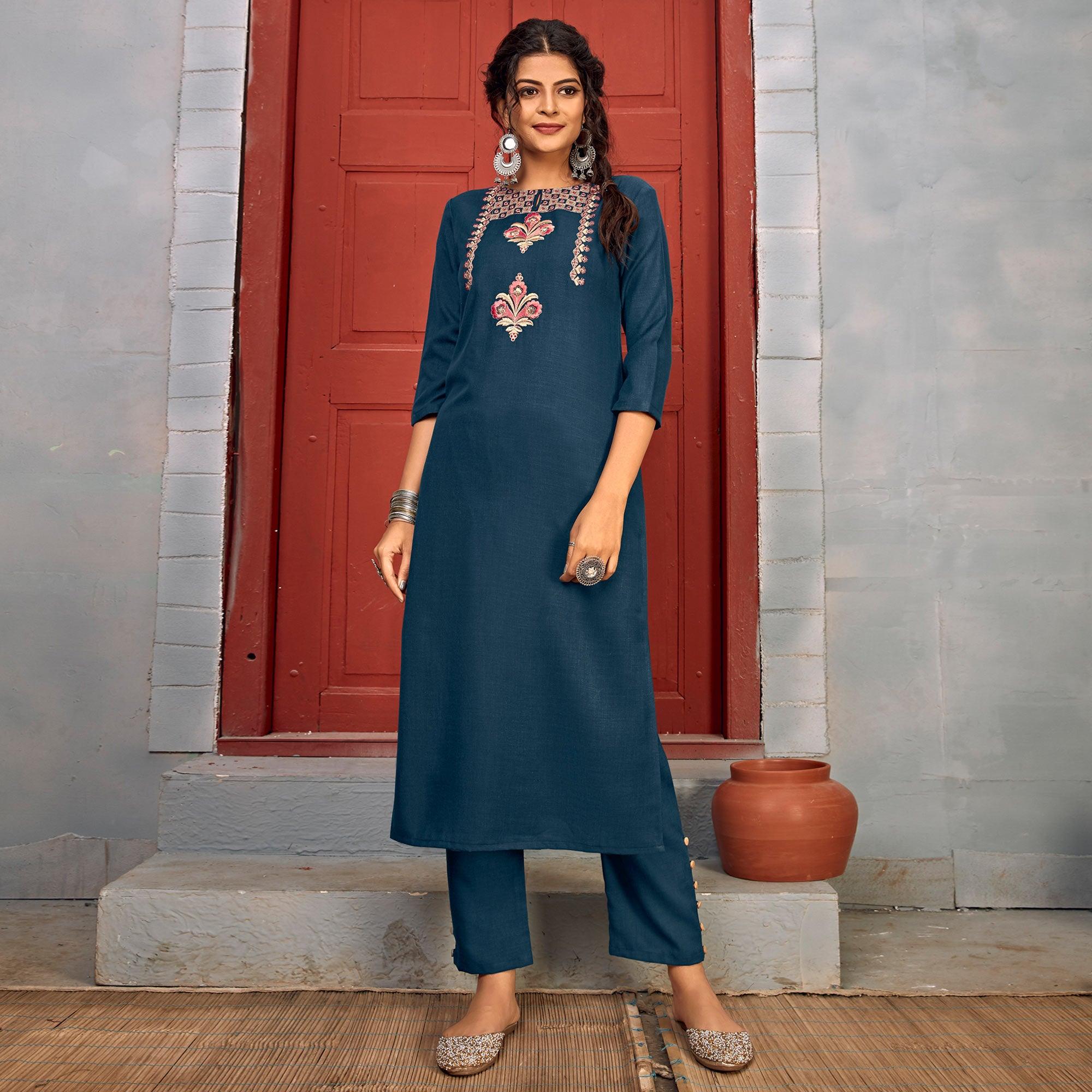 Blue Floral Embroidered Rayon Kurti Pant Set - Peachmode