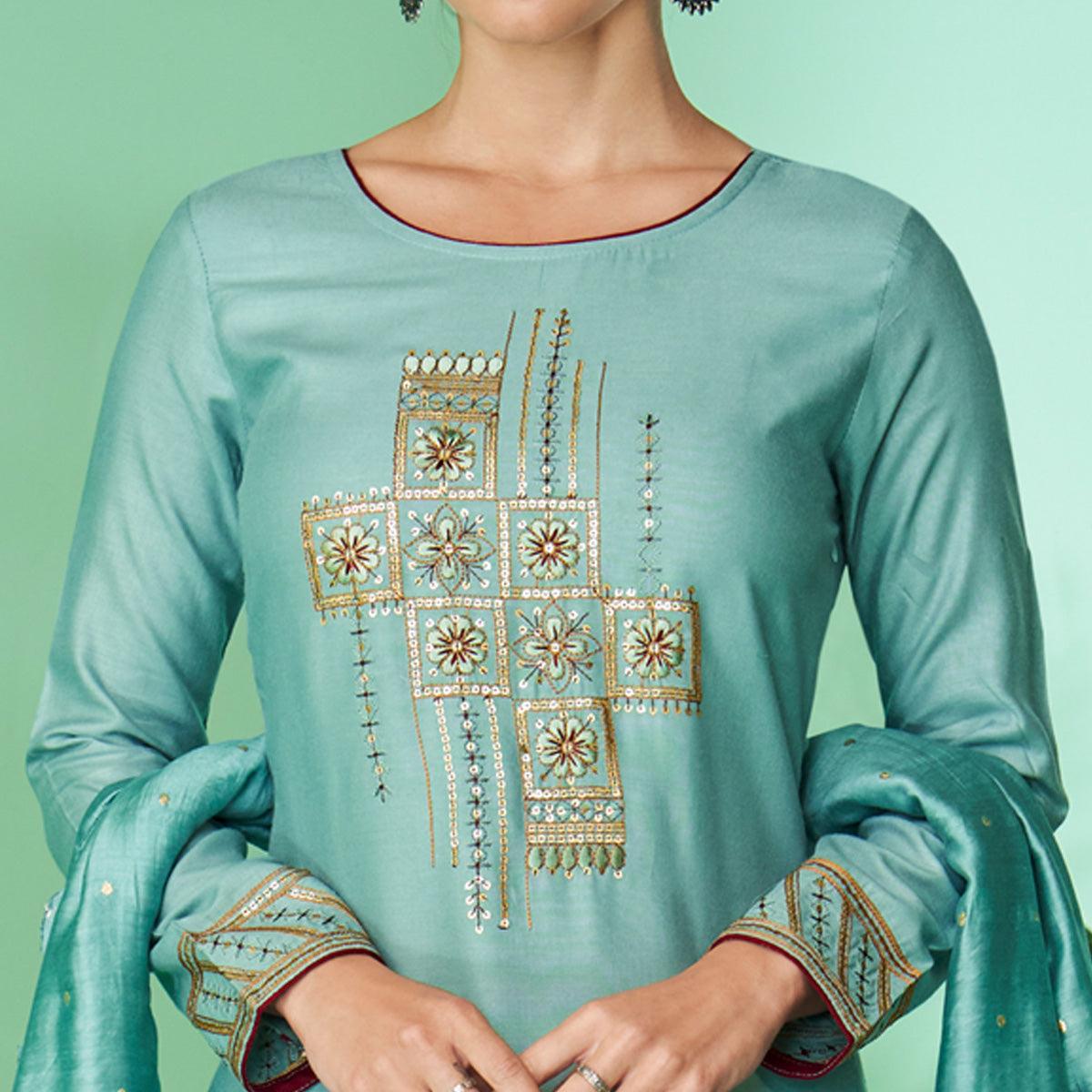 Blue Floral Embroidered Rayon Kurti Pant Set - Peachmode