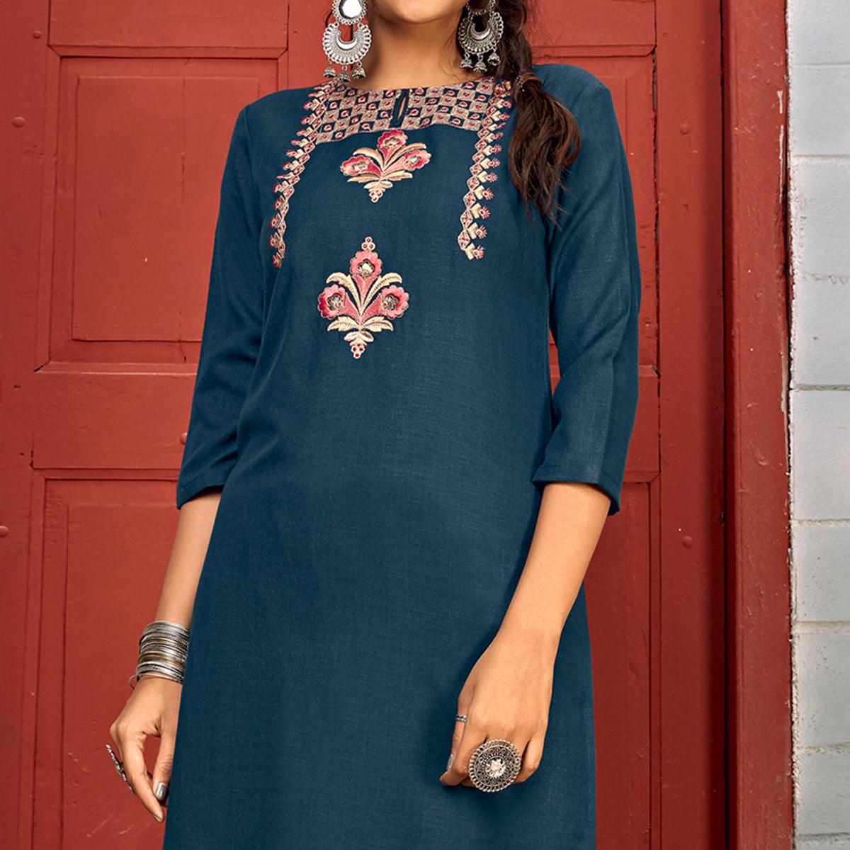 Blue Floral Embroidered Rayon Kurti Pant Set - Peachmode