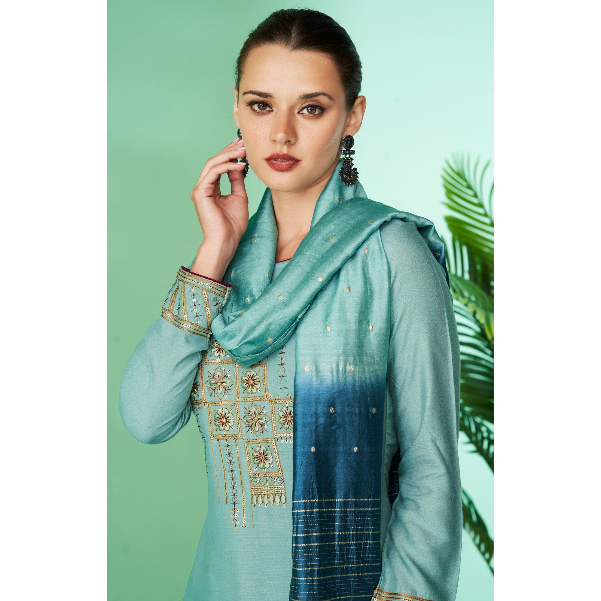 Blue Floral Embroidered Rayon Kurti Pant Set - Peachmode